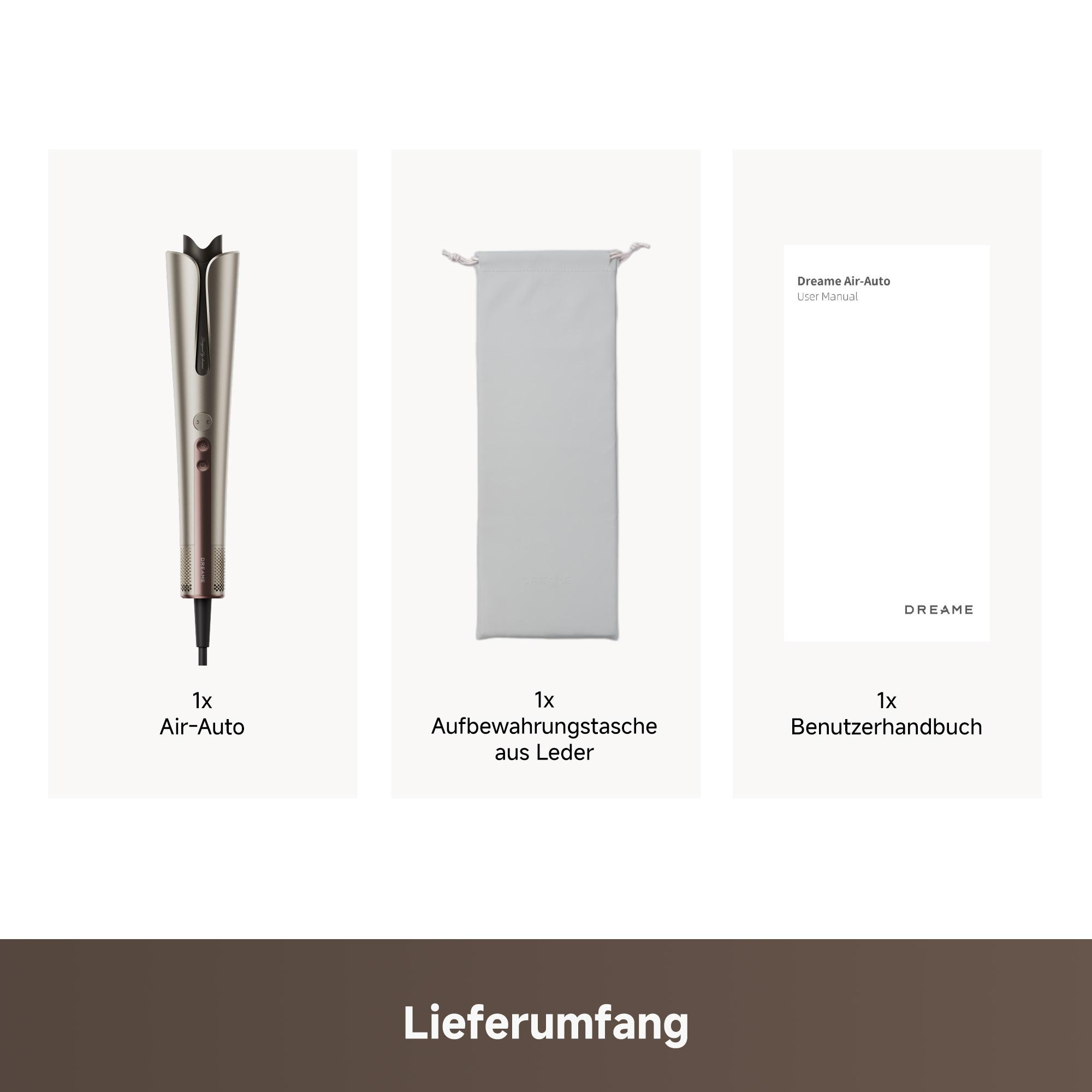 Ein silberner automatisch drehender Lockenstab, eine graue Tasche und ein Handbuch.