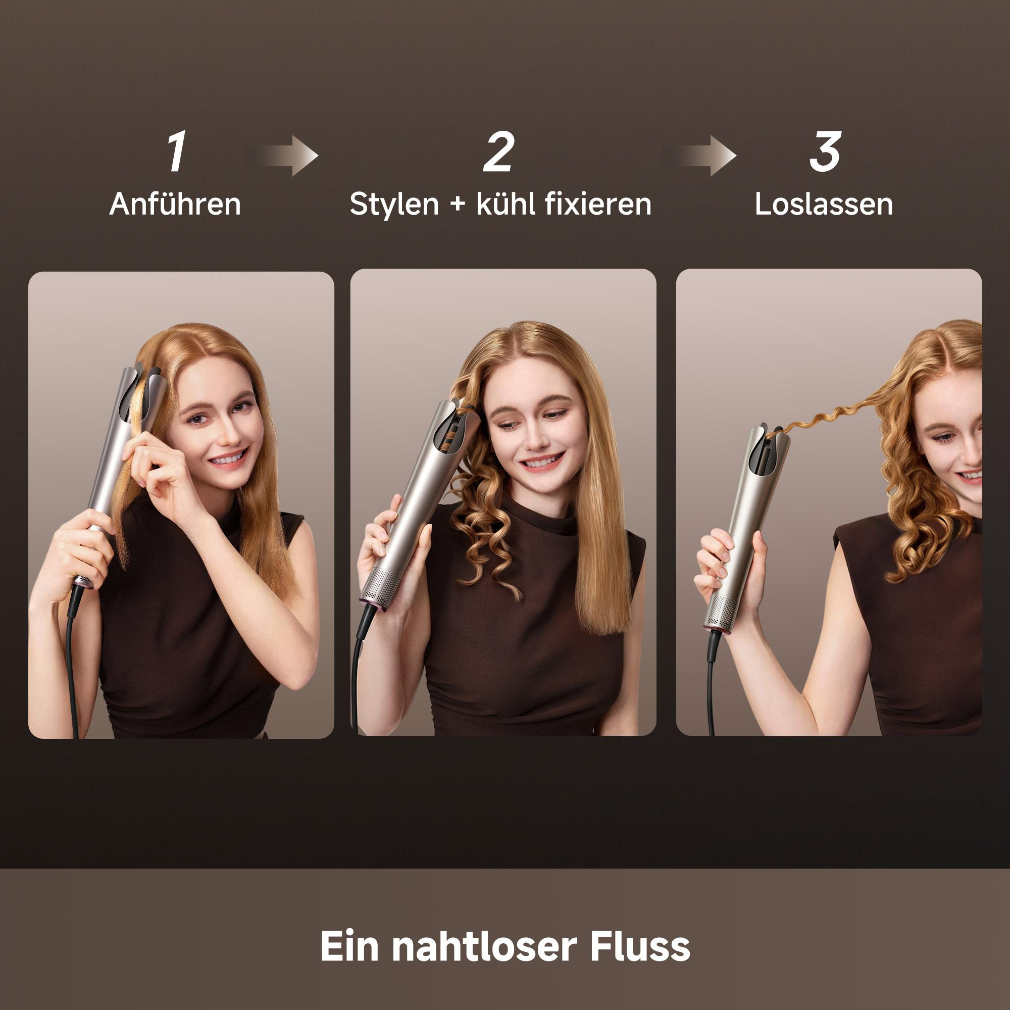 Frau stylt ihre Haare mit einem Lockenstab in drei Schritten.