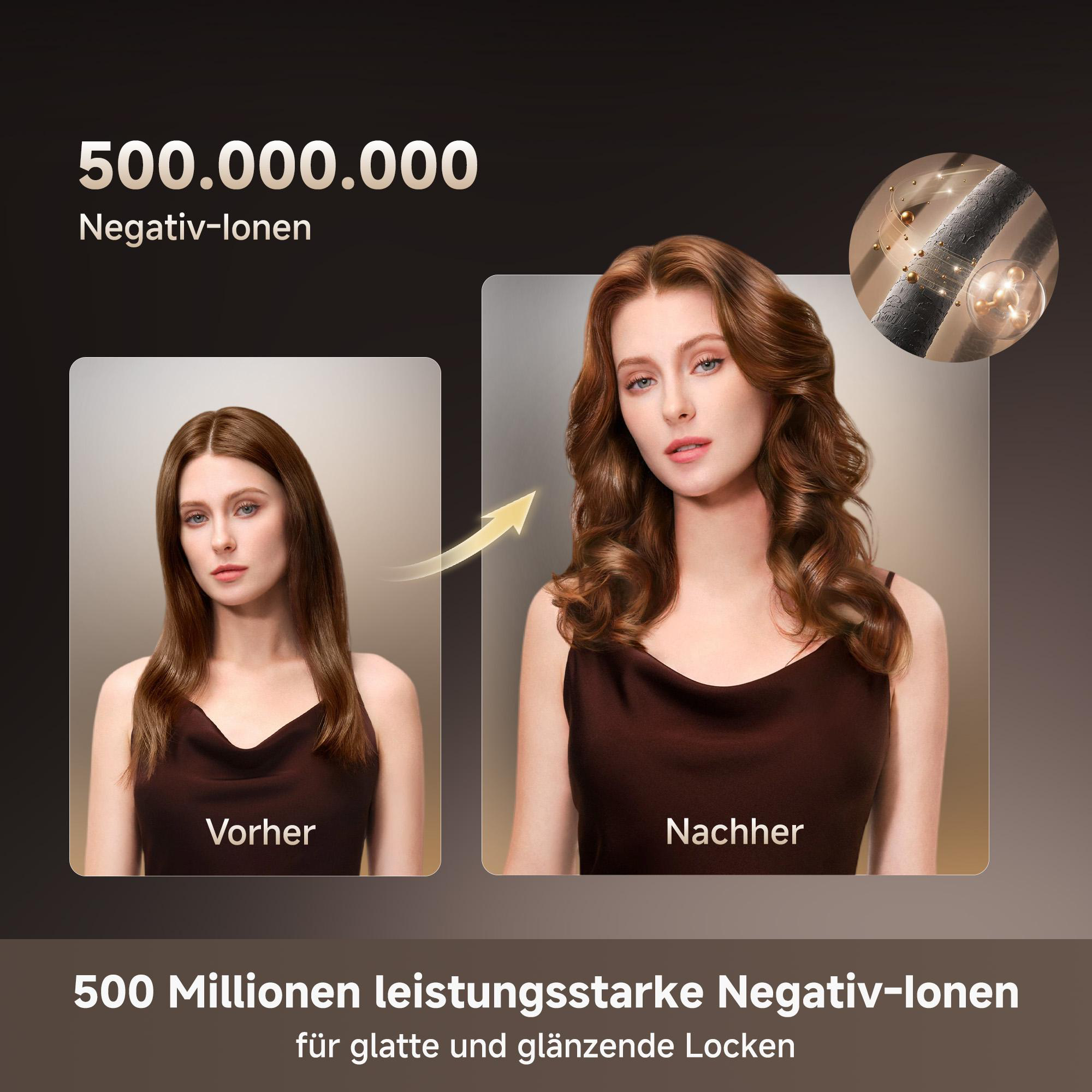 Vorher/Nachher-Vergleich einer Frau mit glattem zu lockigem Haar. 500 Mio. Negativ-Ionen.