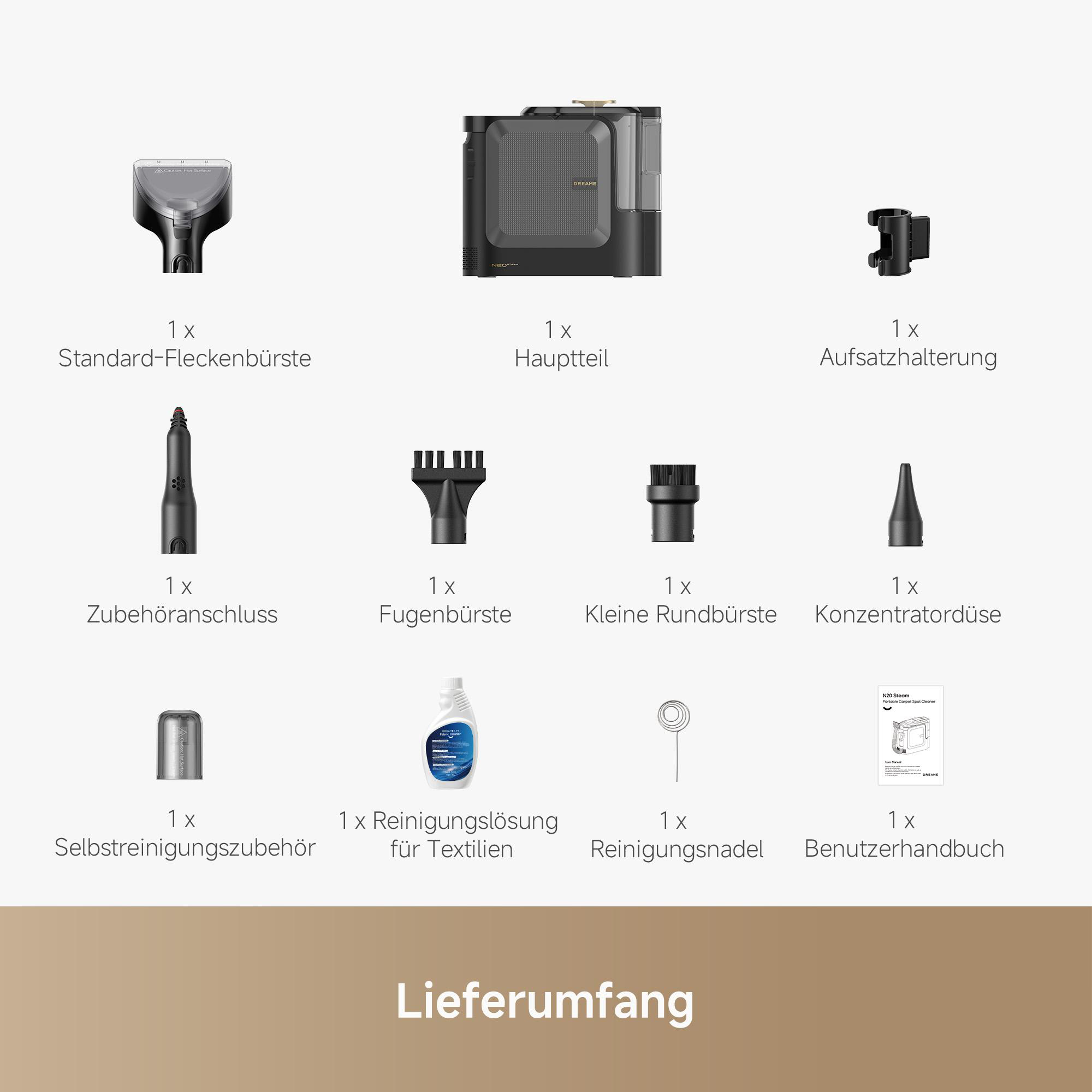 Lieferumfang: Hauptteil, Bürsten, Düsen, Zubehör, Reinigungslösung, Nadel, Handbuch.