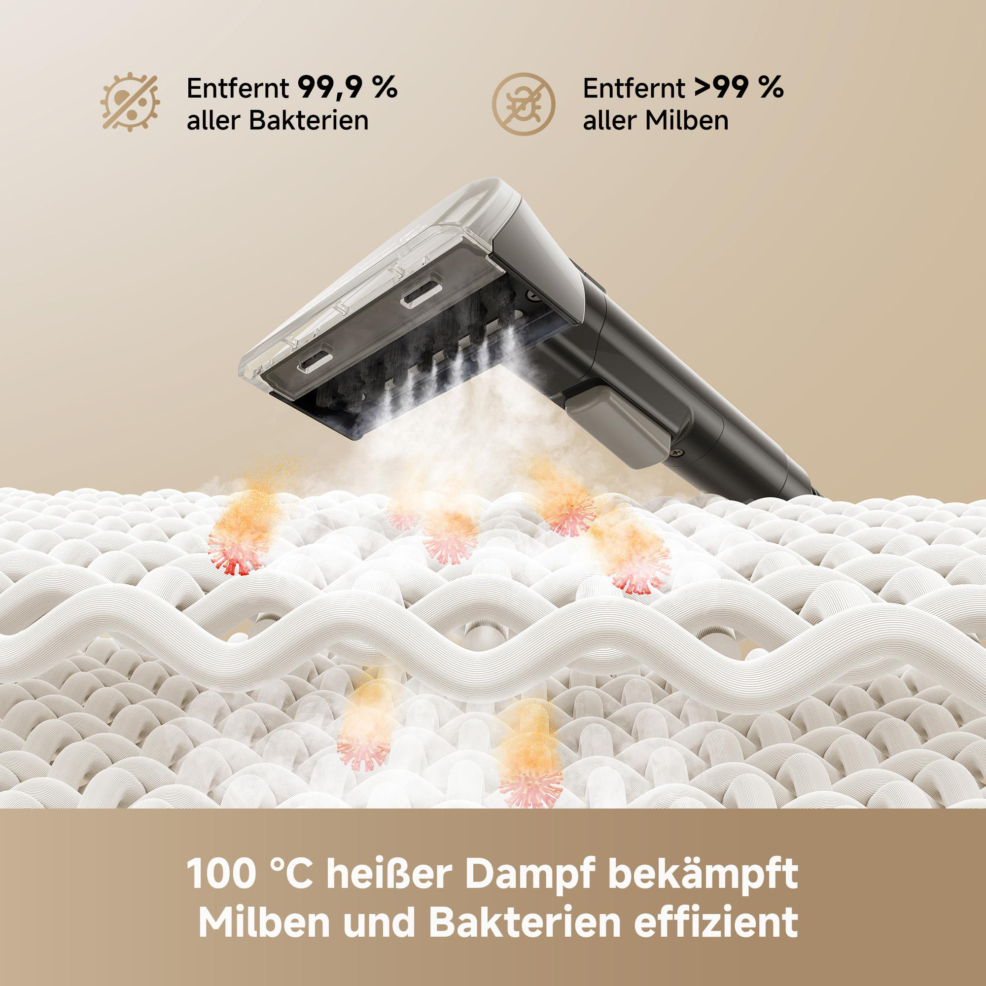 Heißer Dampf tötet Milben und Bakterien auf Stoffen ab.