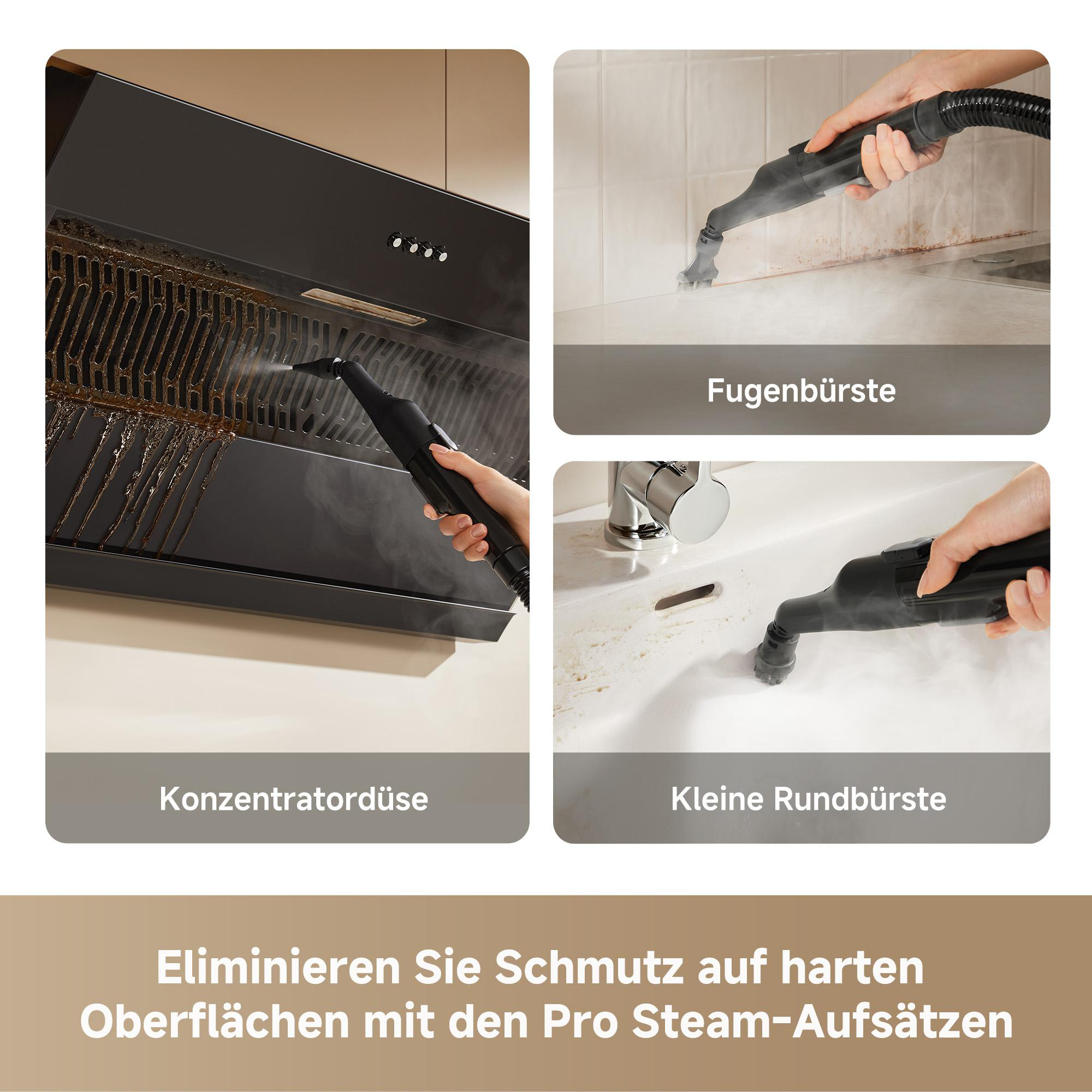 Dampfreiniger reinigt Dunstabzugshaube, Fugen und Waschbecken.