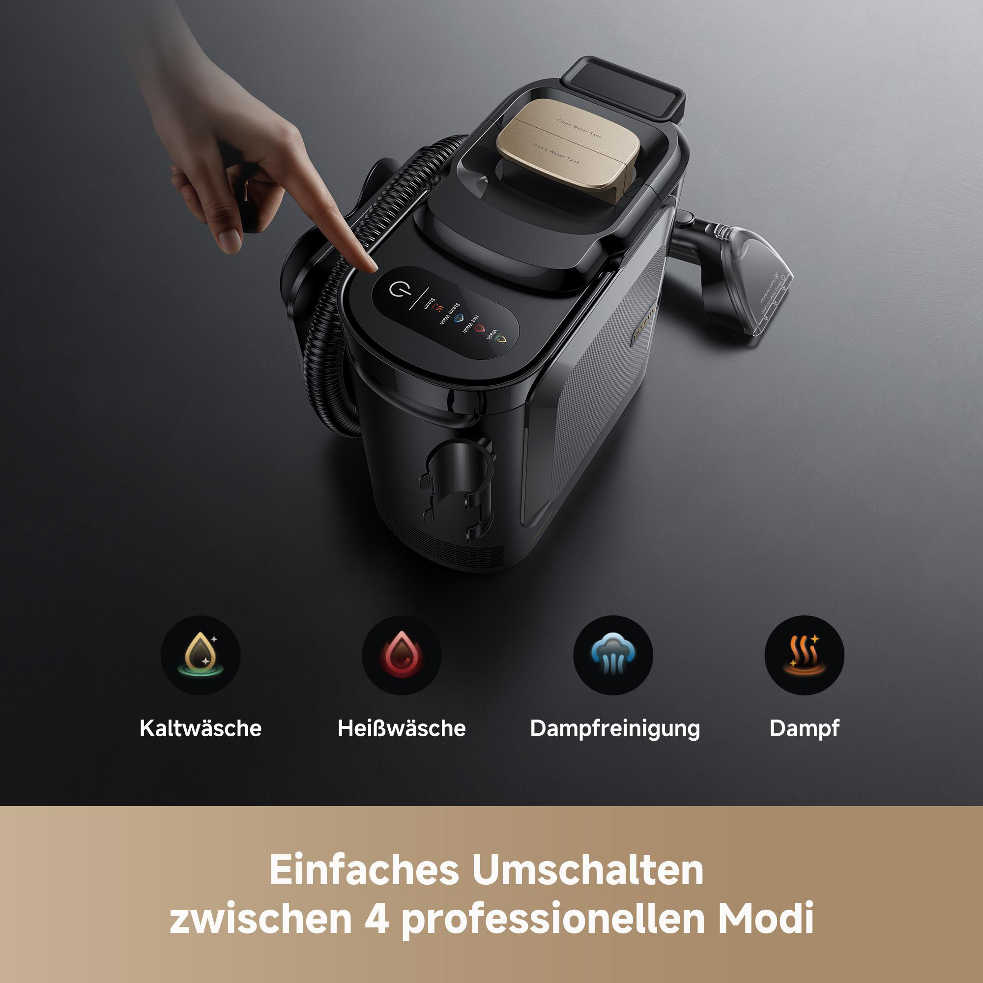Eine Hand berührt das Bedienfeld eines schwarzen Geräts mit Symbolen für Kaltwäsche, Heißwäsche, Dampfreinigung und Dampf.