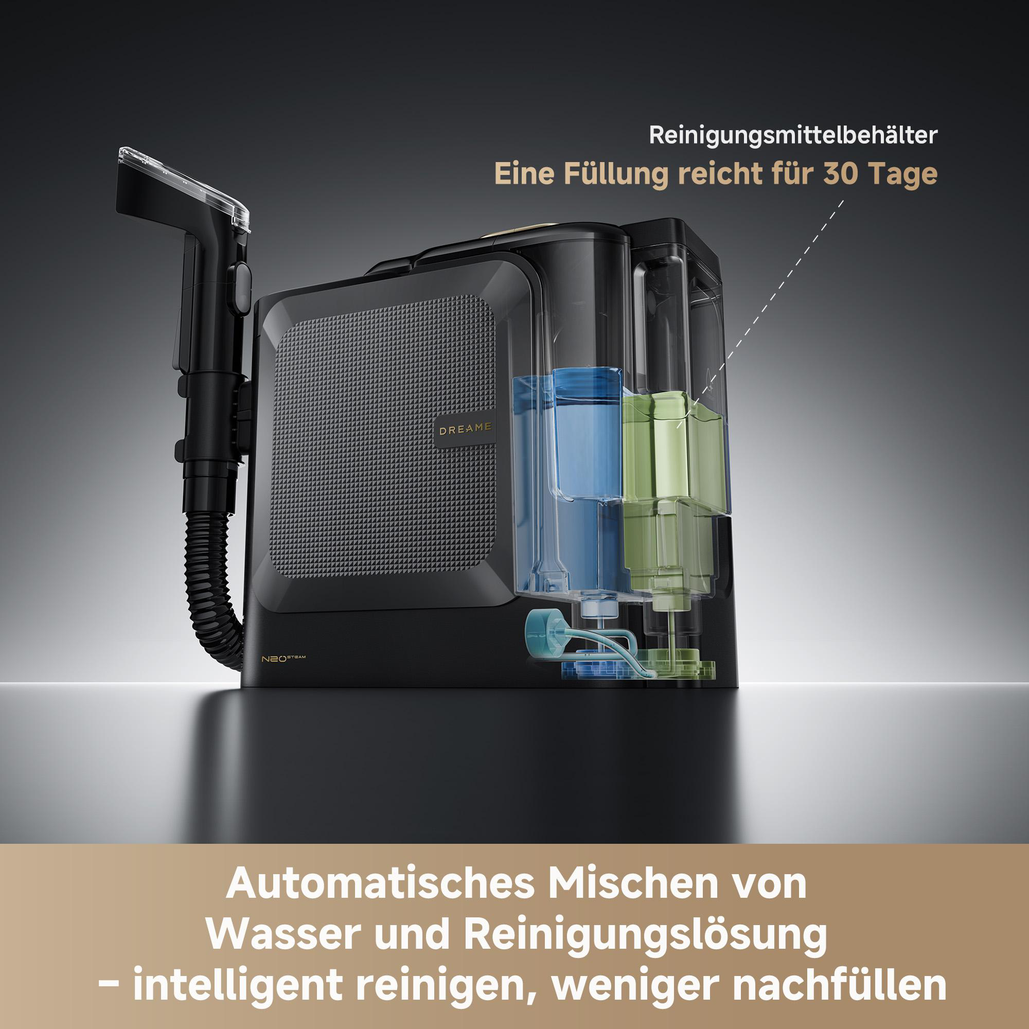 Ein Dampfreiniger mit Behältern für Wasser und Reinigungsmittel.