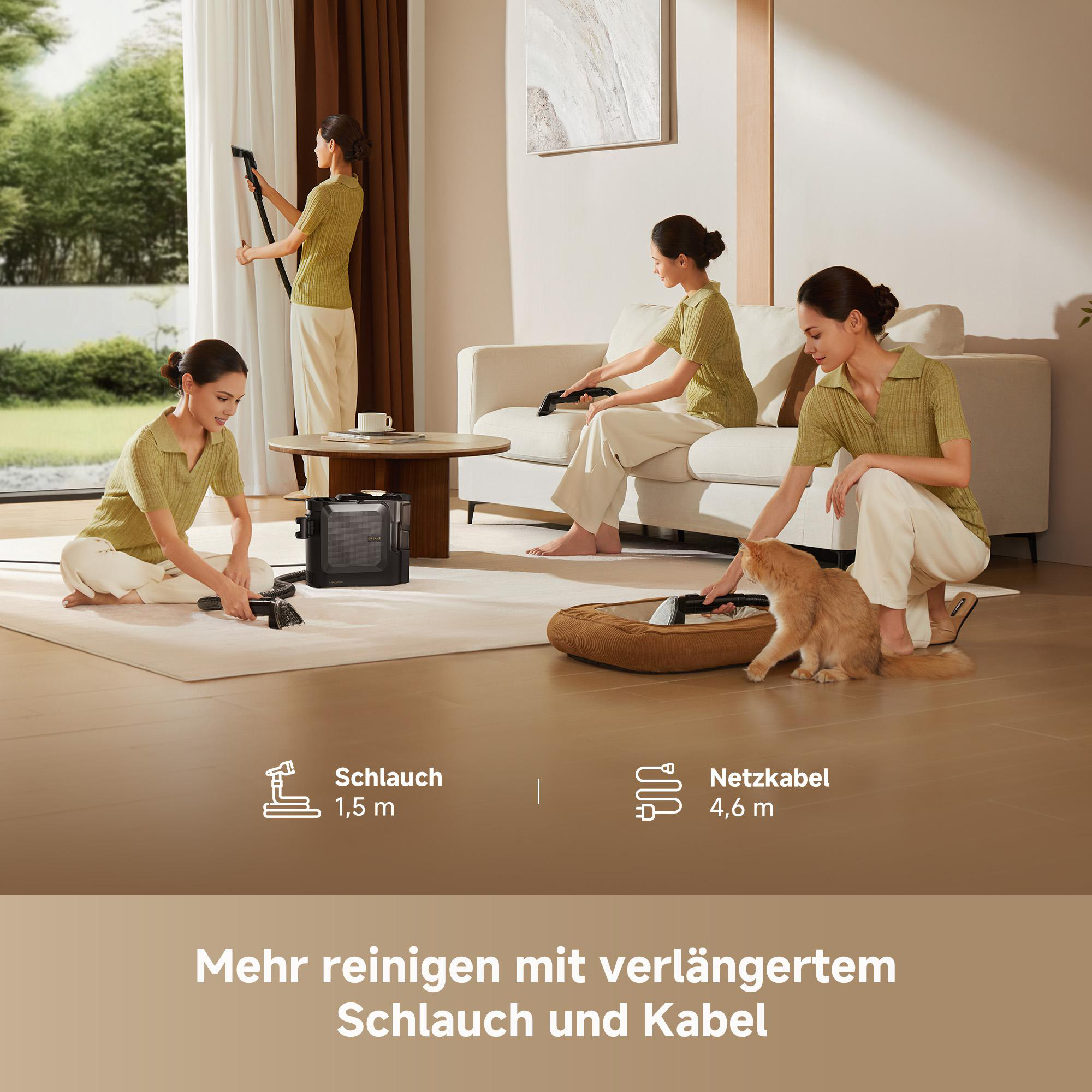 Vier Frauen reinigen Teppiche, Sofas und Vorhänge mit einem Staubsauger.