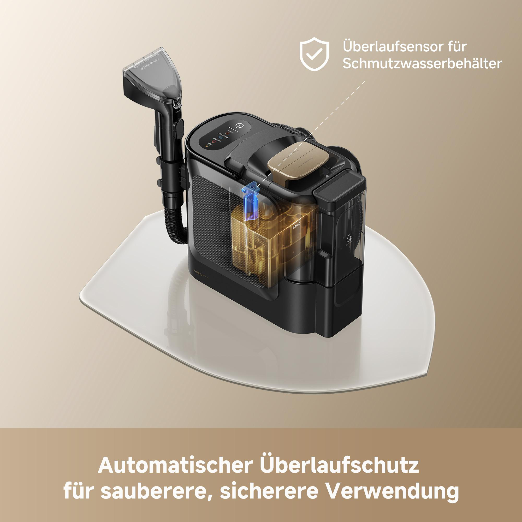 Schwarzer Dampfreiniger mit transparentem Schmutzwassertank und Überlaufsensor.