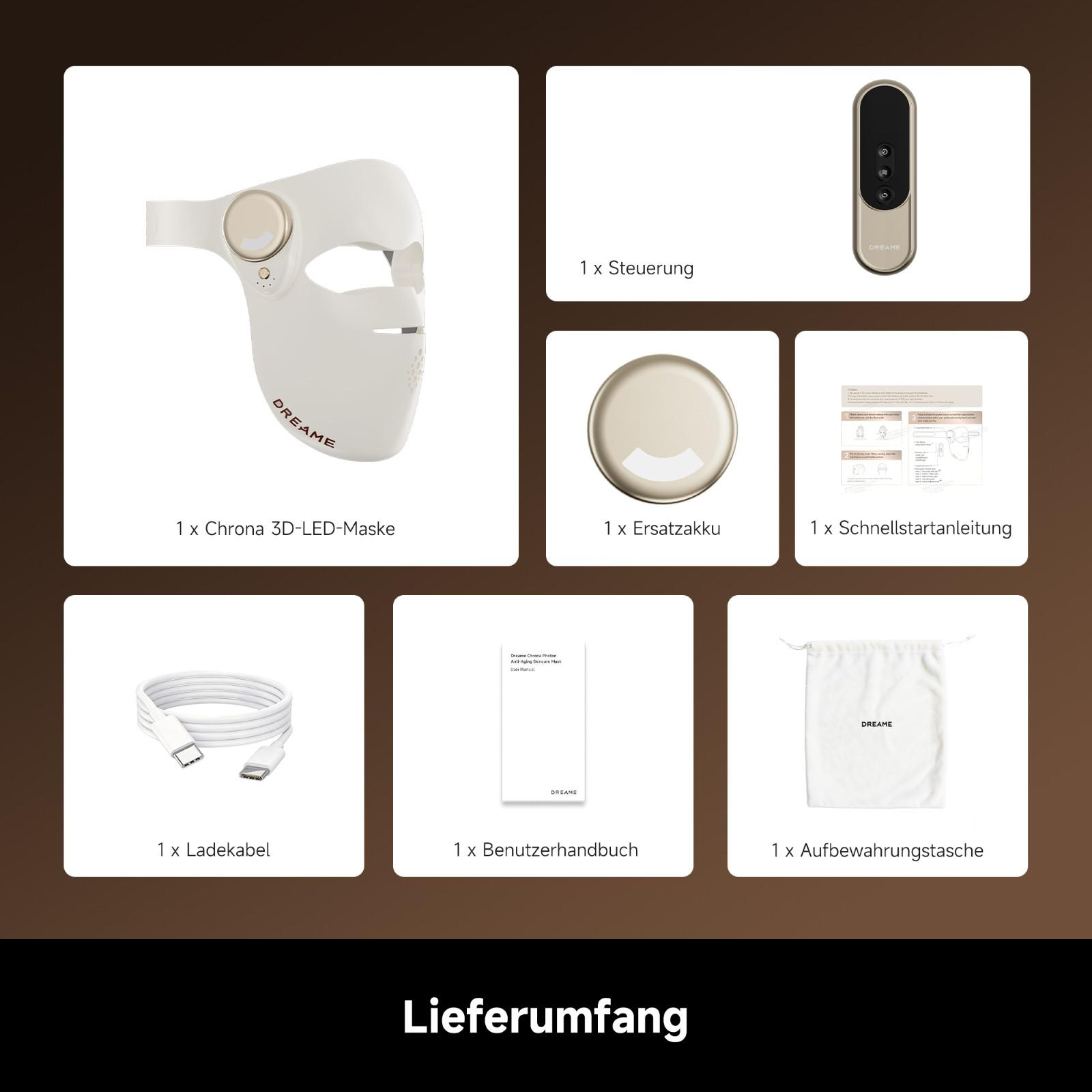Lieferumfang: LED-Maske, Steuerung, Ersatzakku, Anleitung, Kabel, Handbuch, Tasche.