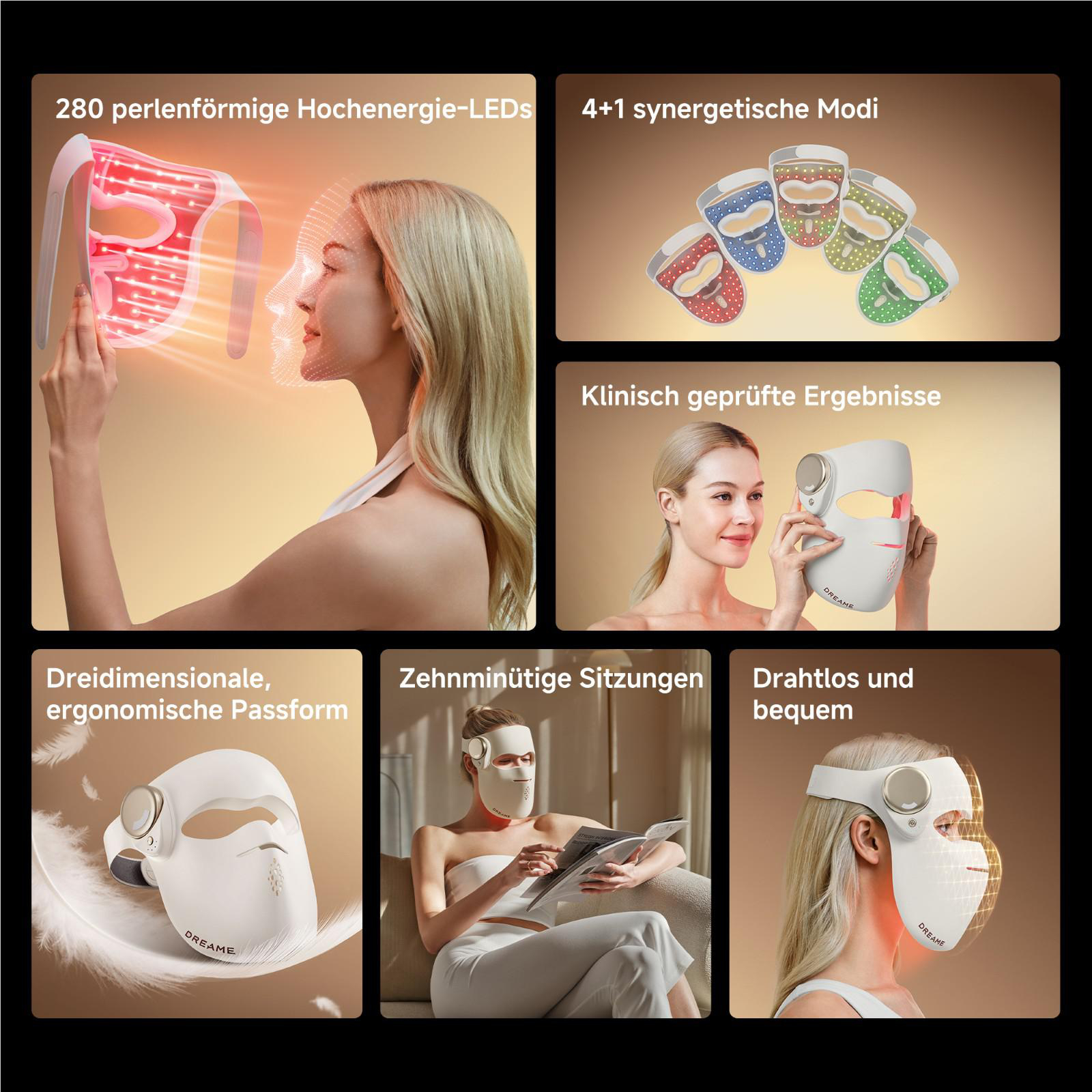 Eine Frau mit einem LED-Gesichtsmasken-Gerät, das auf ihren Kopf gerichtet ist.