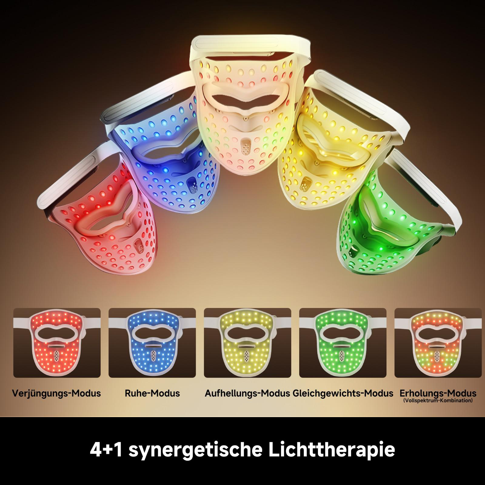 Fünf bunte LED-Gesichtsmasken mit verschiedenen Modi und Bezeichnungen.