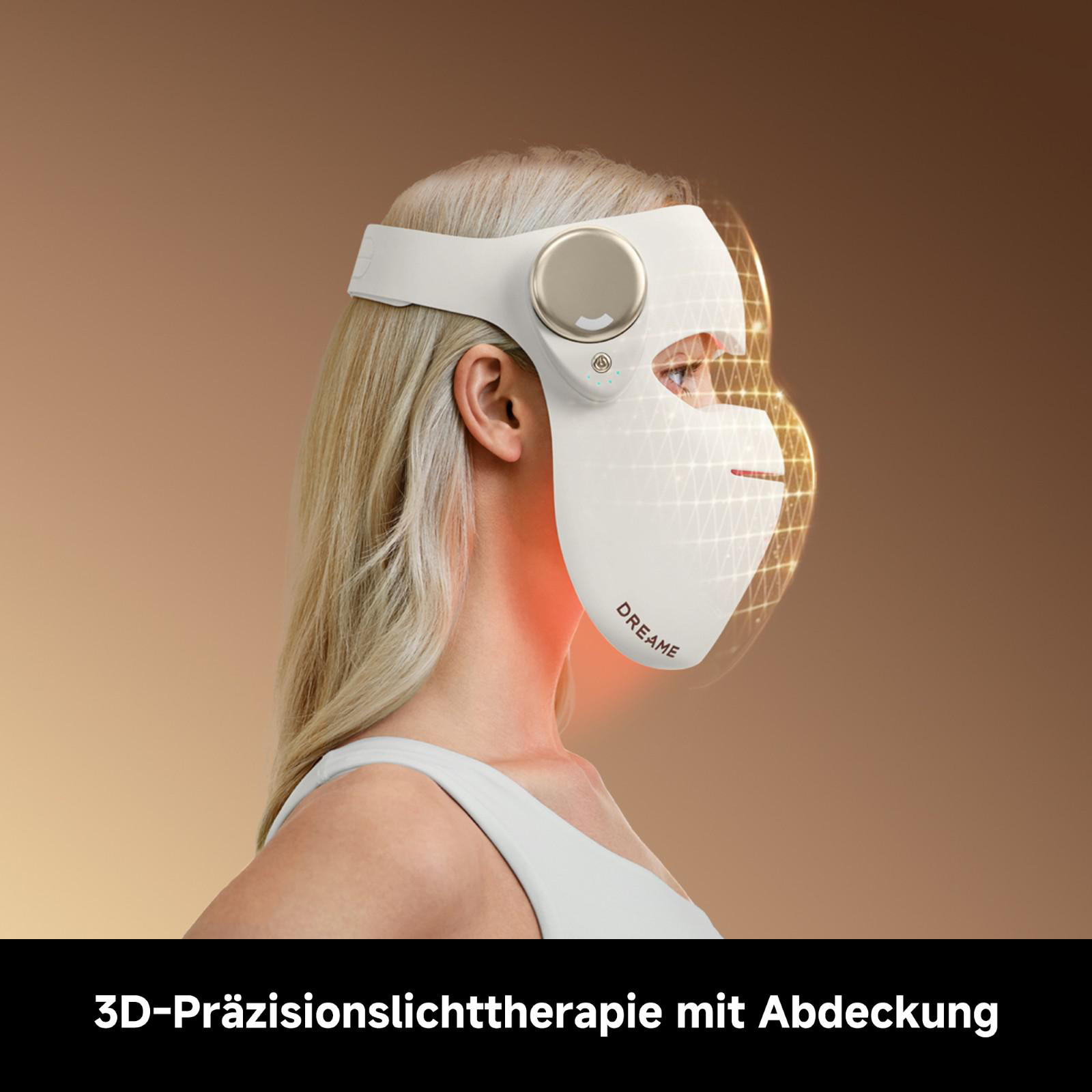 Frau mit weißer Gesichtsmaske und beleuchtetem Netzmuster, vor braunem Hintergrund.