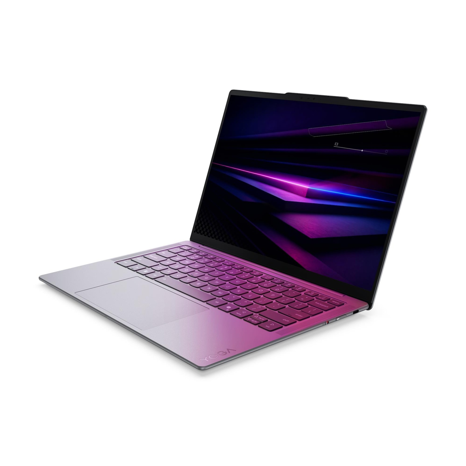 Un laptop aperto con uno sfondo dello schermo viola e blu.
