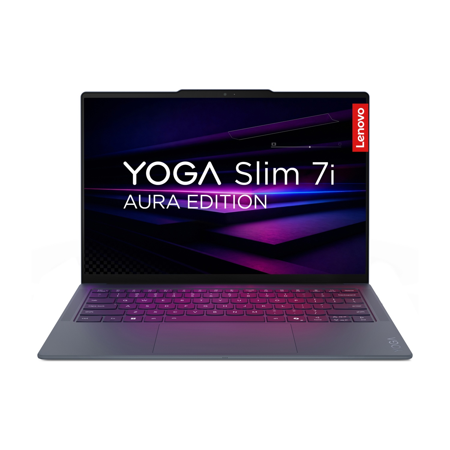 Un laptop Lenovo Yoga Slim 7i Aura Edition chiuso su sfondo bianco.