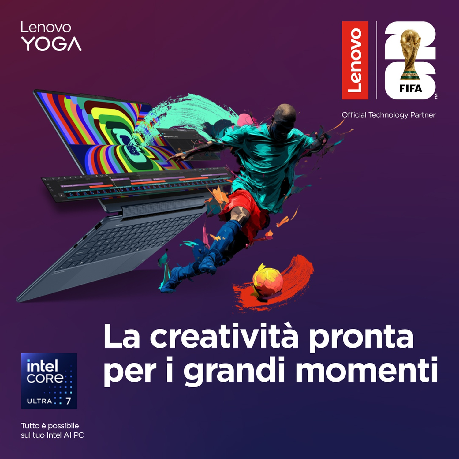 Laptop Lenovo Yoga con calciatore e logo FIFA. Creatività per grandi momenti.