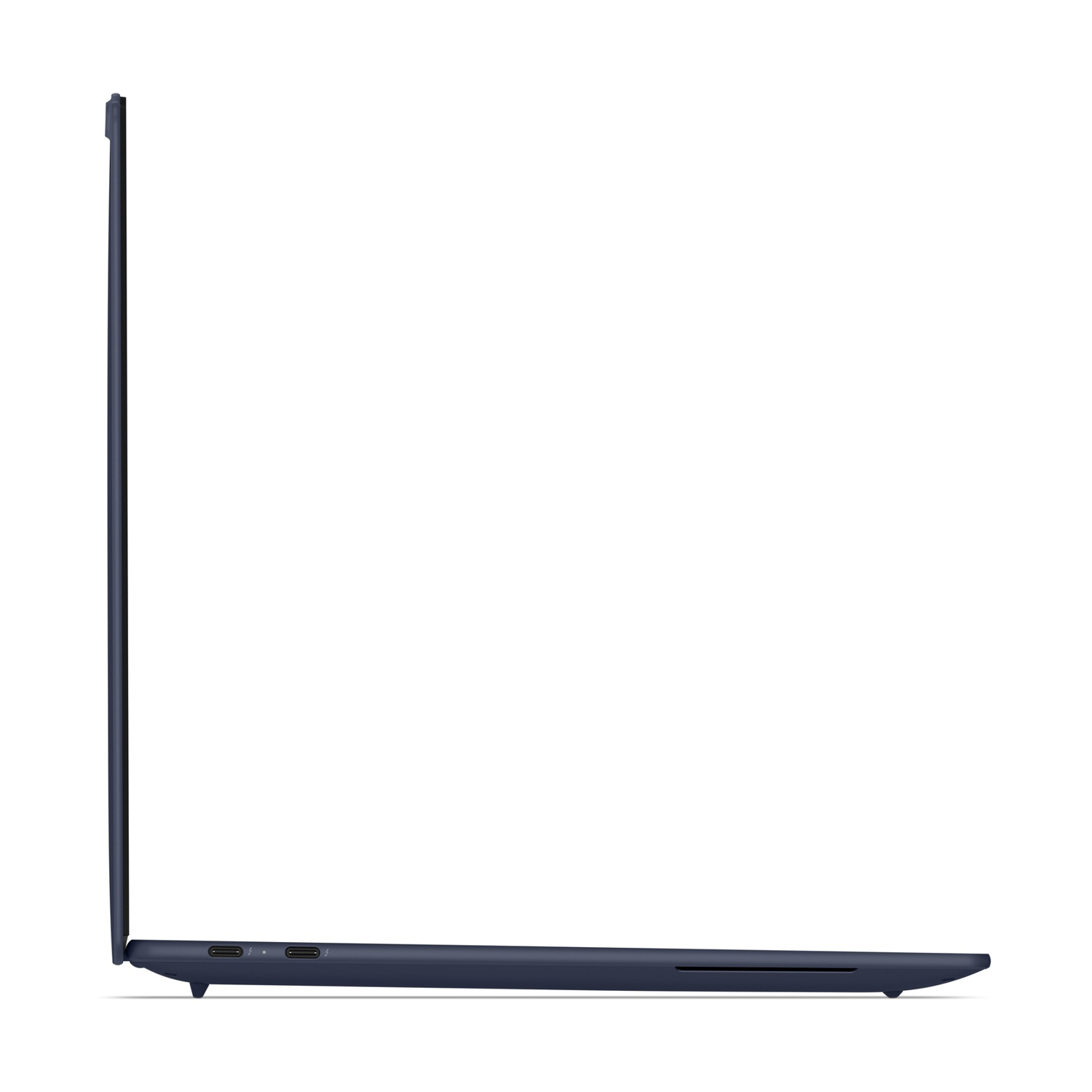 Laptop sottile blu scuro di profilo con due porte USB-C visibili.