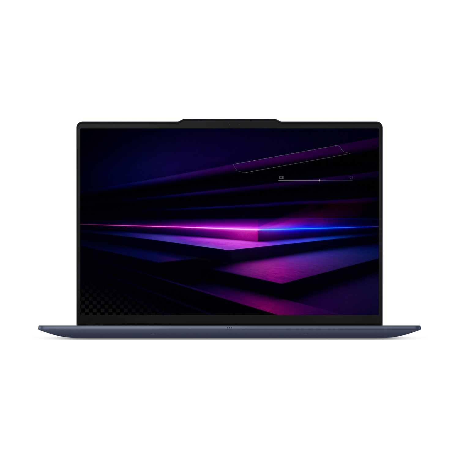 Un laptop blu scuro è aperto, mostrando uno sfondo astratto viola e blu vibrante sul suo schermo.