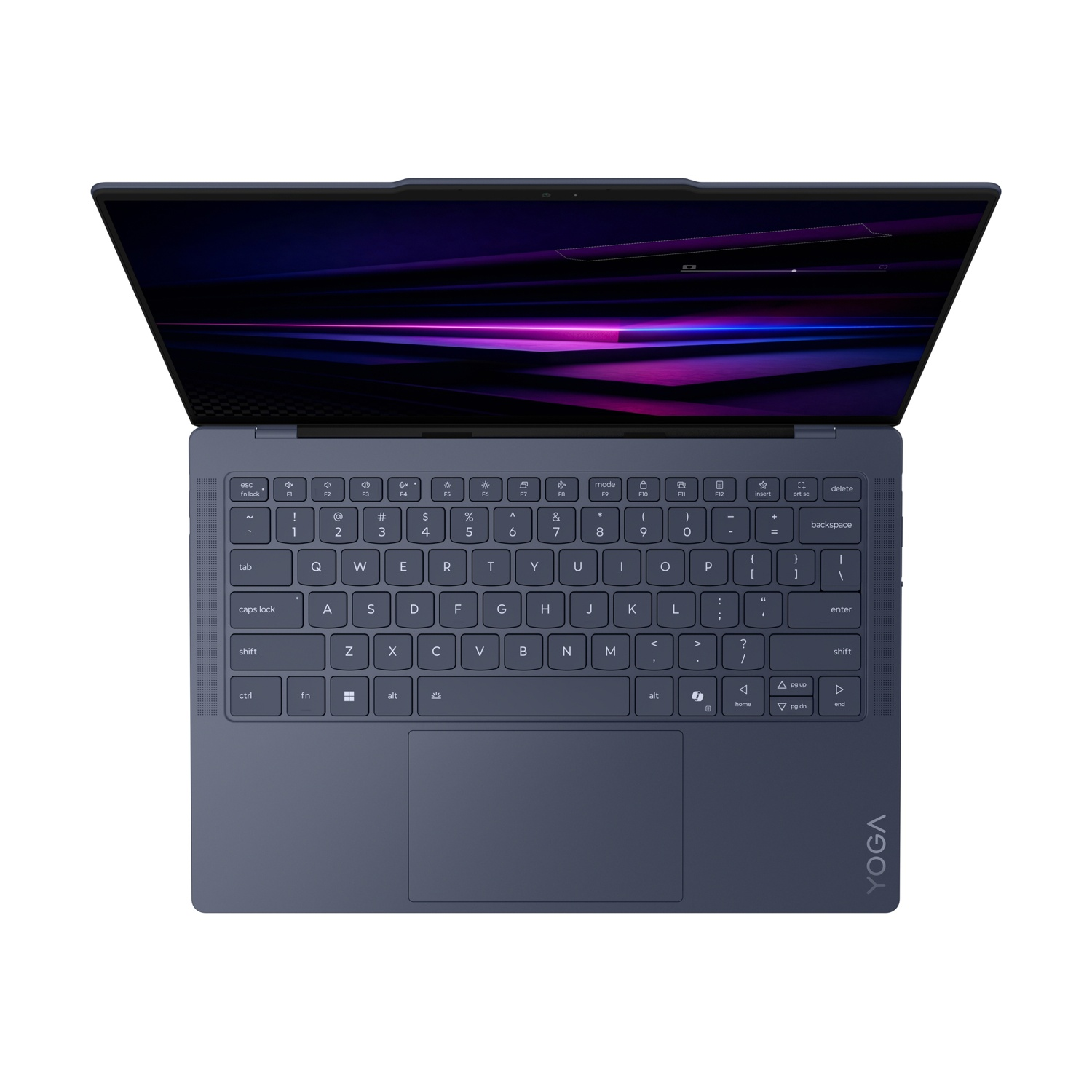 Un laptop blu con lo schermo aperto che mostra una grafica astratta.