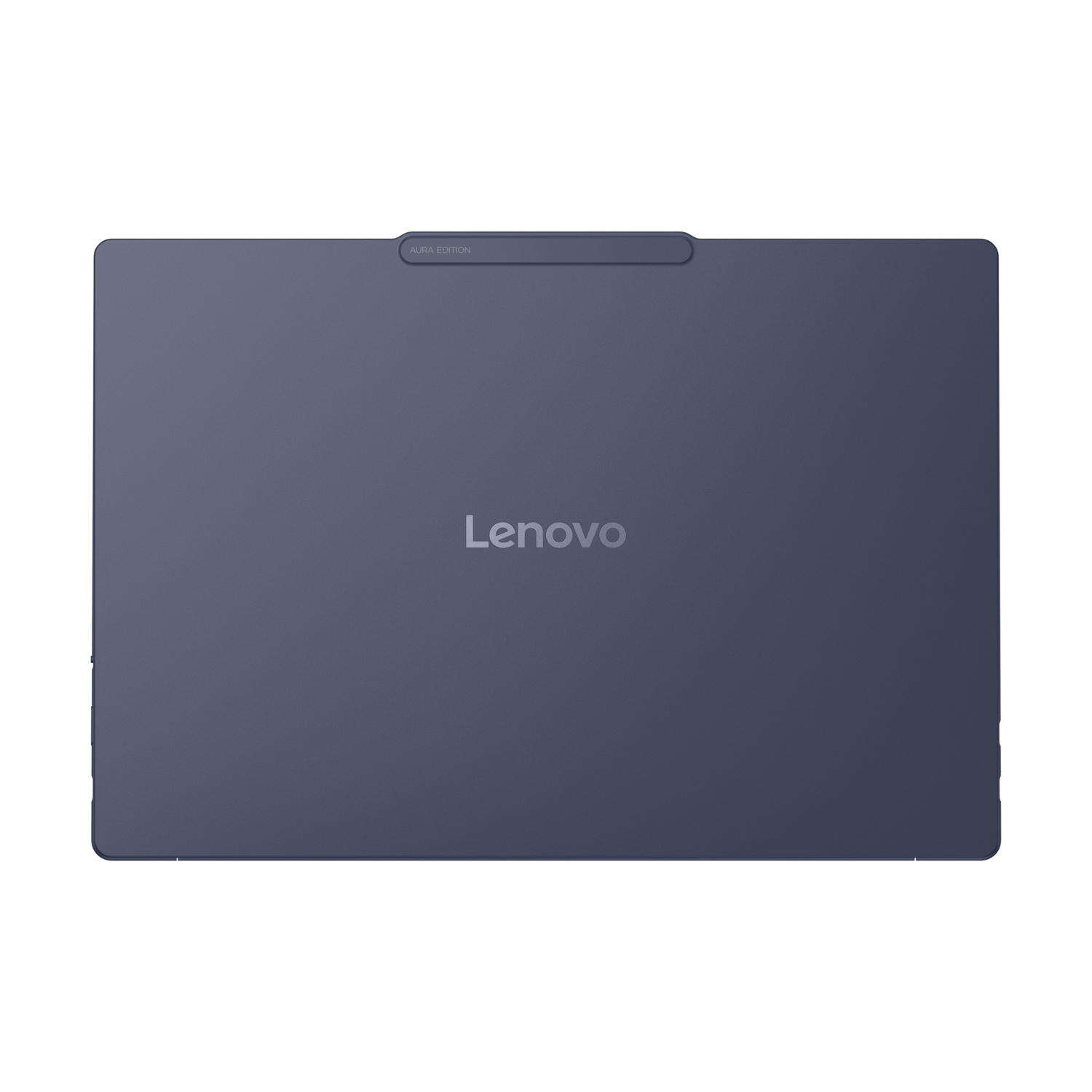 Un tablet Lenovo blu scuro, edizione Aura, è mostrato piatto su sfondo bianco.