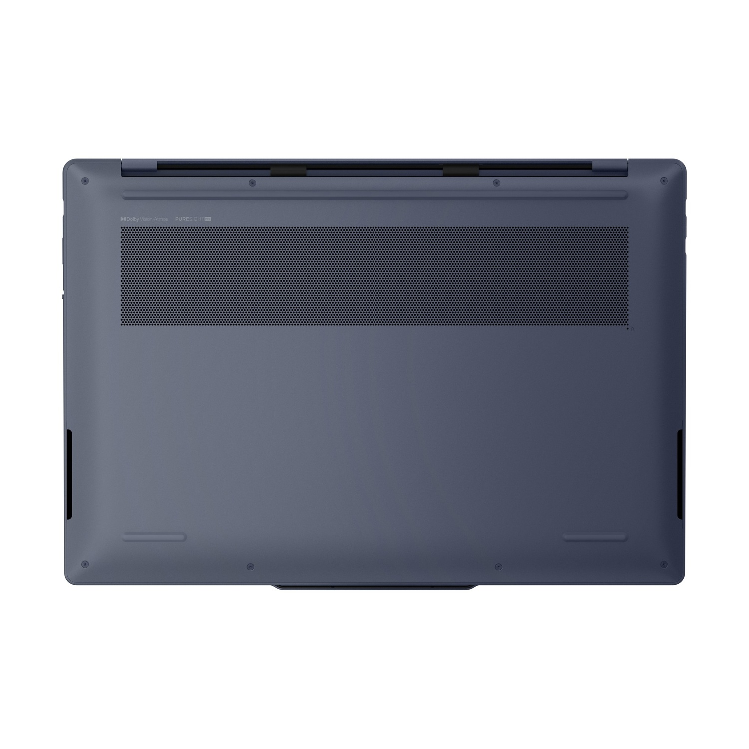 Parte inferiore di un laptop blu scuro con prese d'aria e griglie altoparlanti.