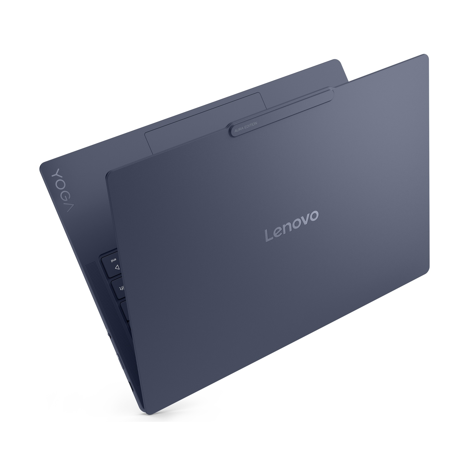 Laptop Lenovo Yoga blu scuro, parzialmente aperto, tastiera visibile.