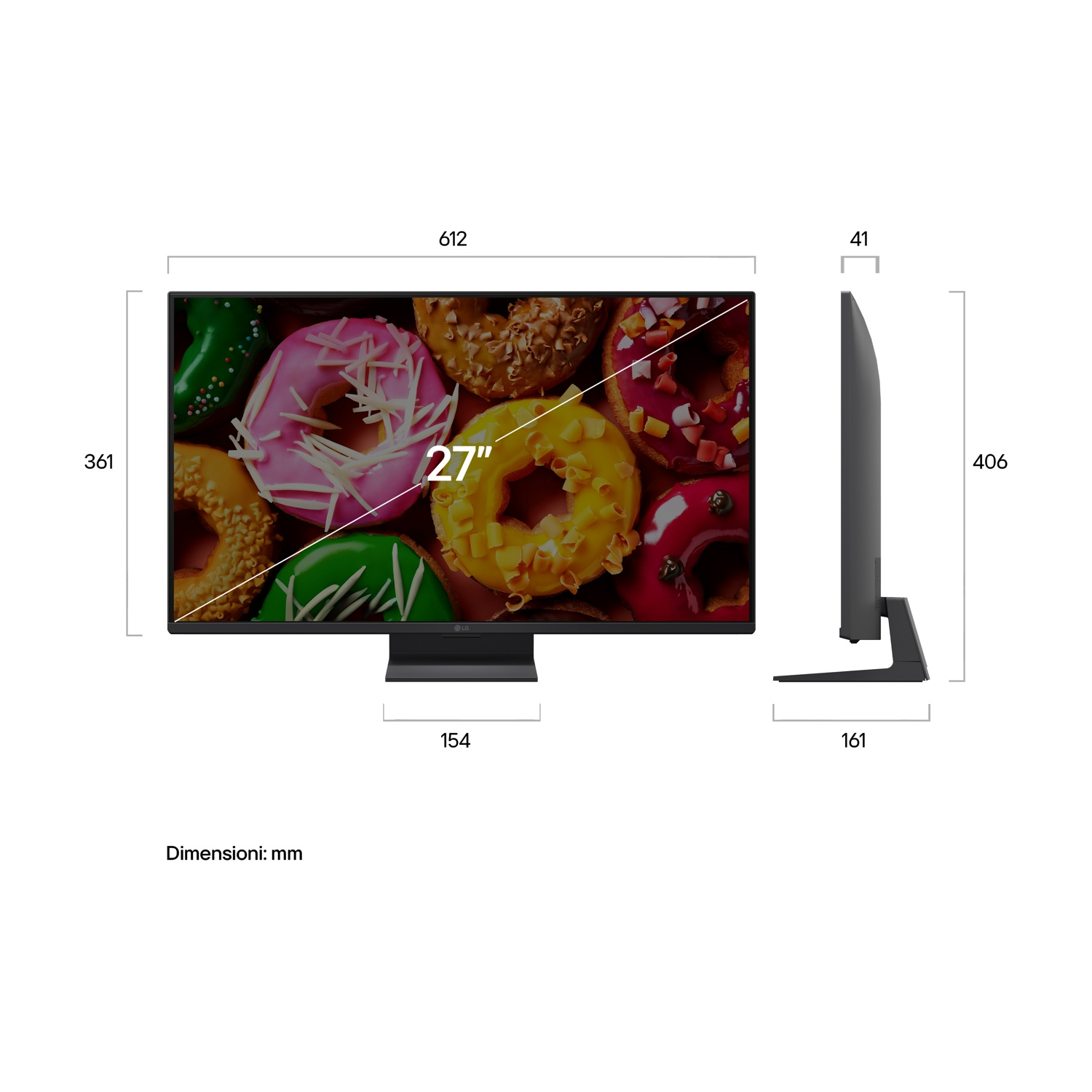 Monitor da 27 pollici che mostra ciambelle con glassa colorata.