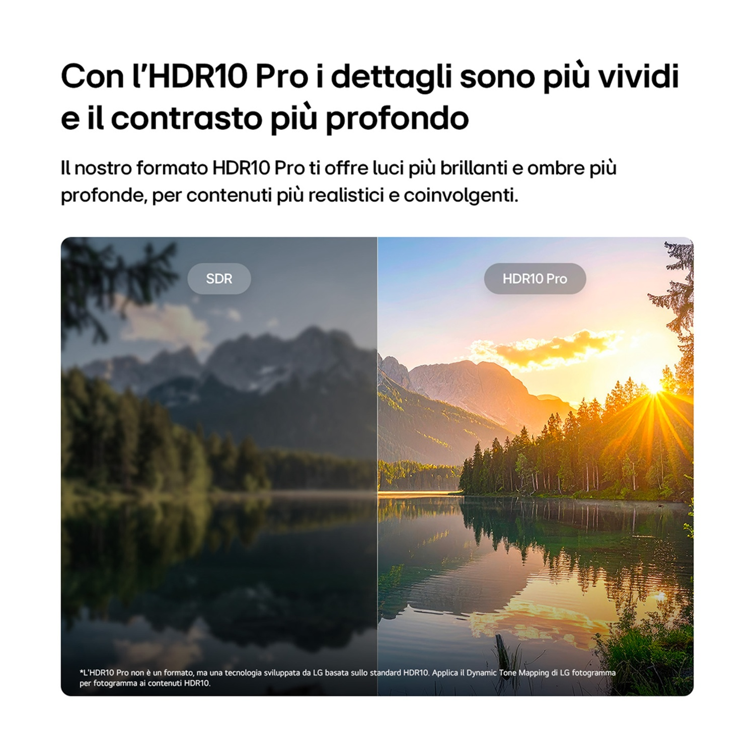Confronto SDR vs HDR10 Pro: Lago con alberi e montagne, lato destro più luminoso e dettagliato.