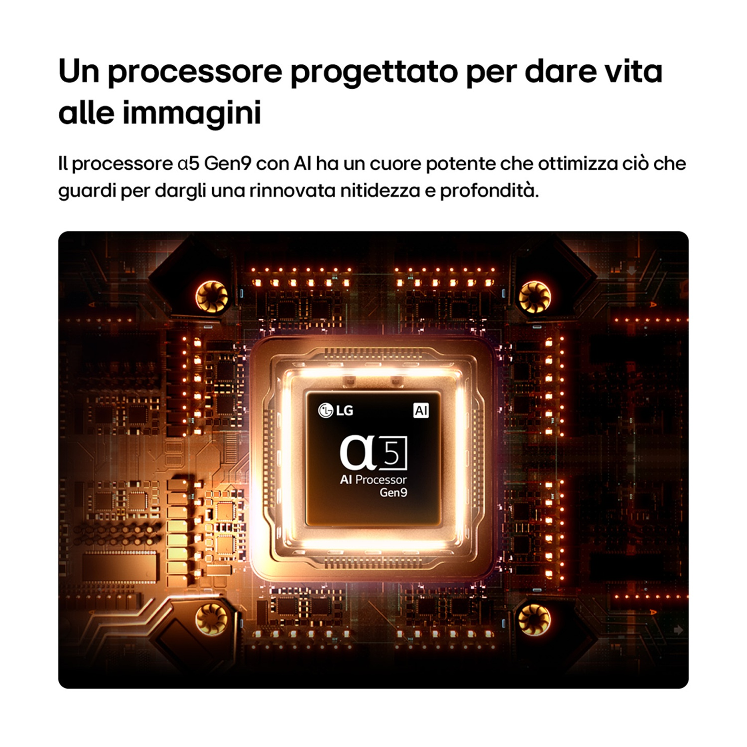 Un chip di processore con logo LG e AI su un circuito stampato.