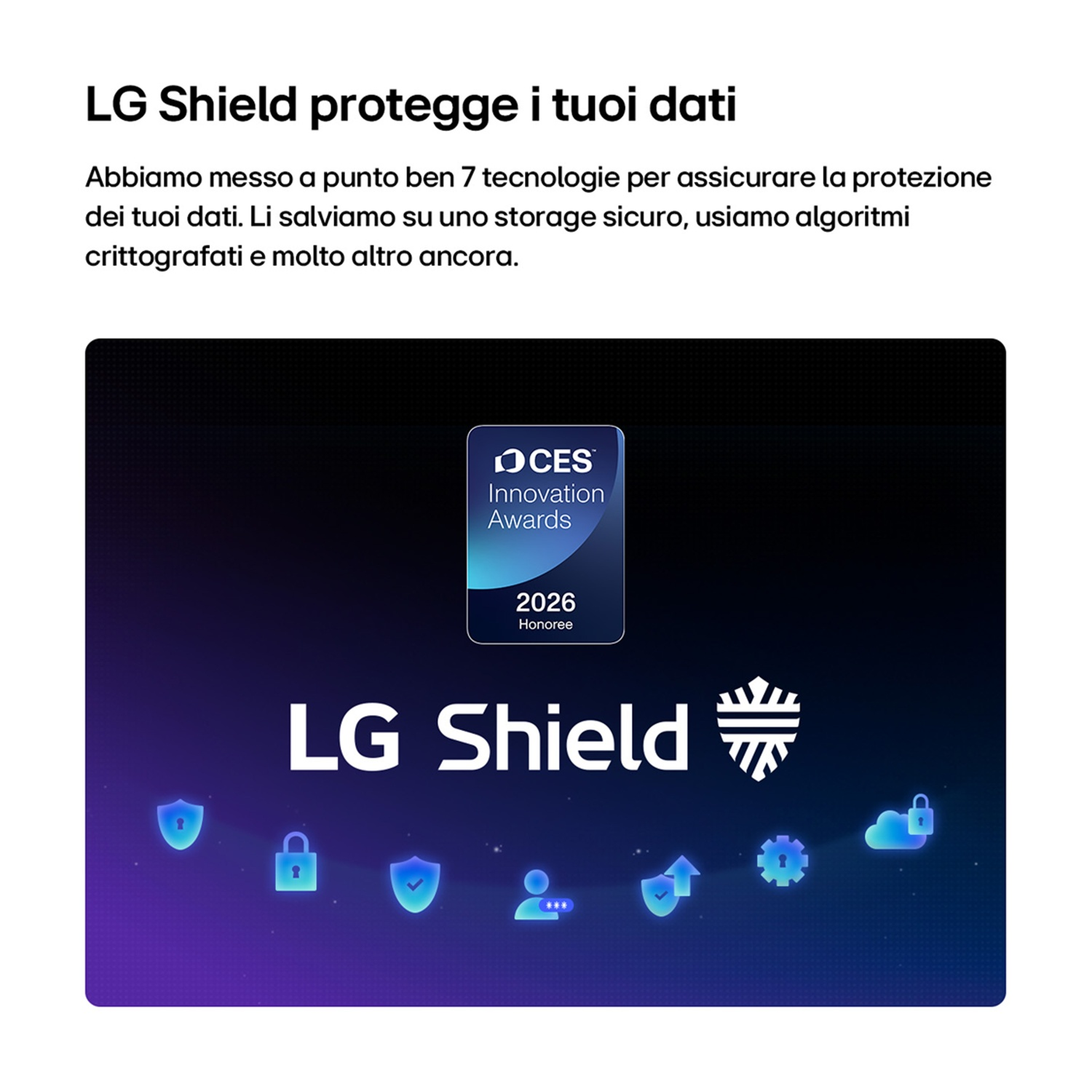Logo LG Shield con icone di sicurezza e CES Innovation Award 2026.