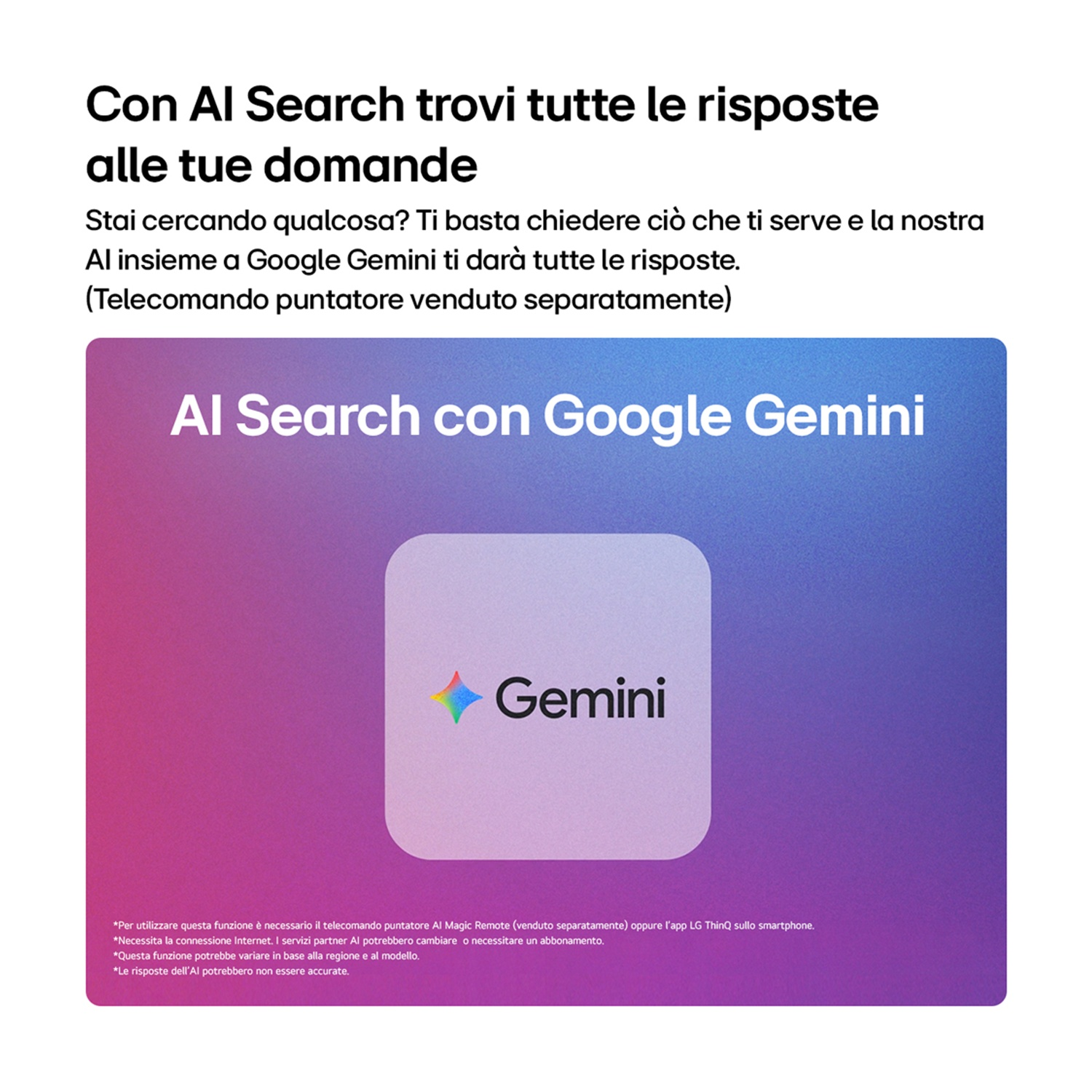 TV LG con AI Search e Google Gemini. Un logo mostra 'Gemini'.