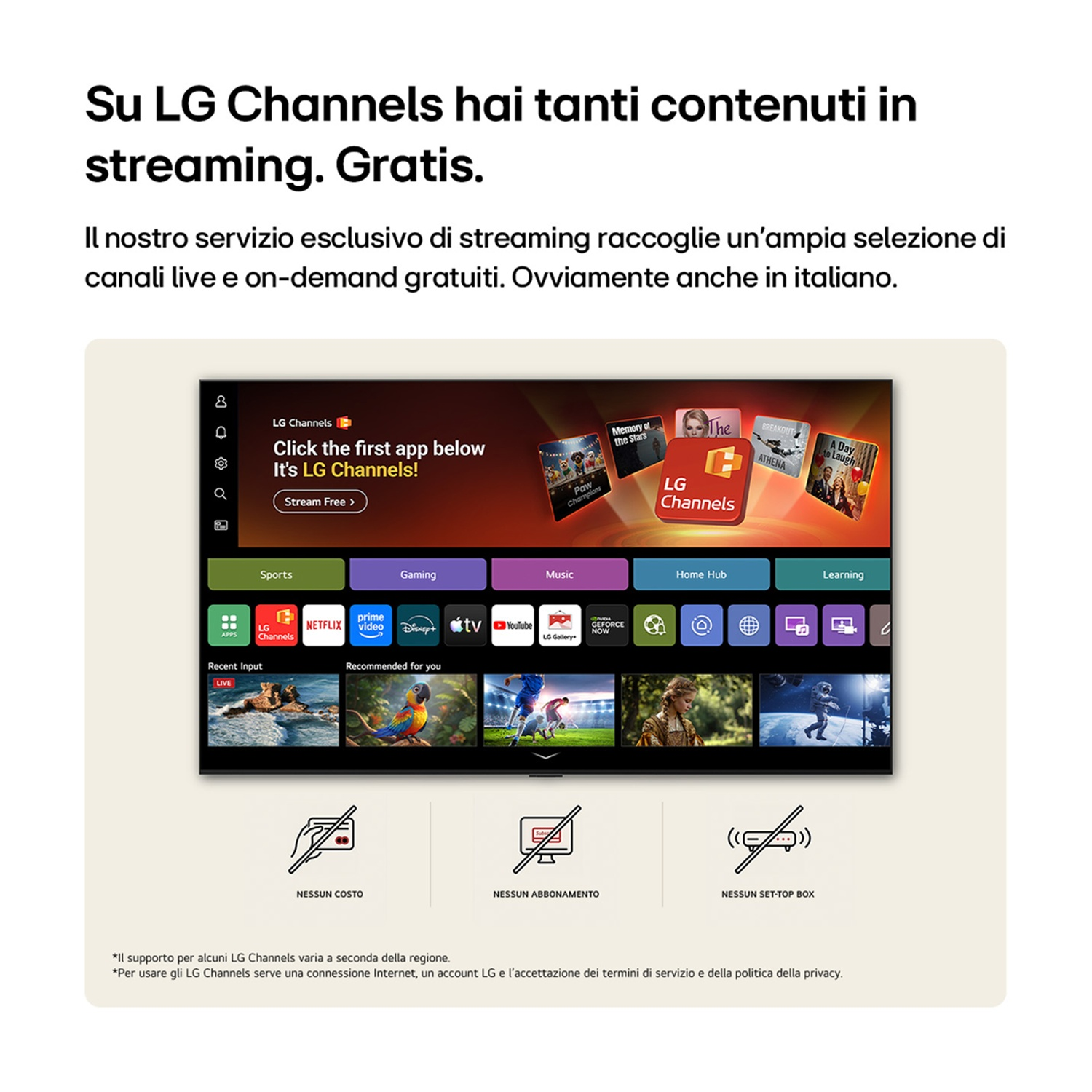 Interfaccia TV LG Channels con vari loghi di app e riquadri di contenuto.