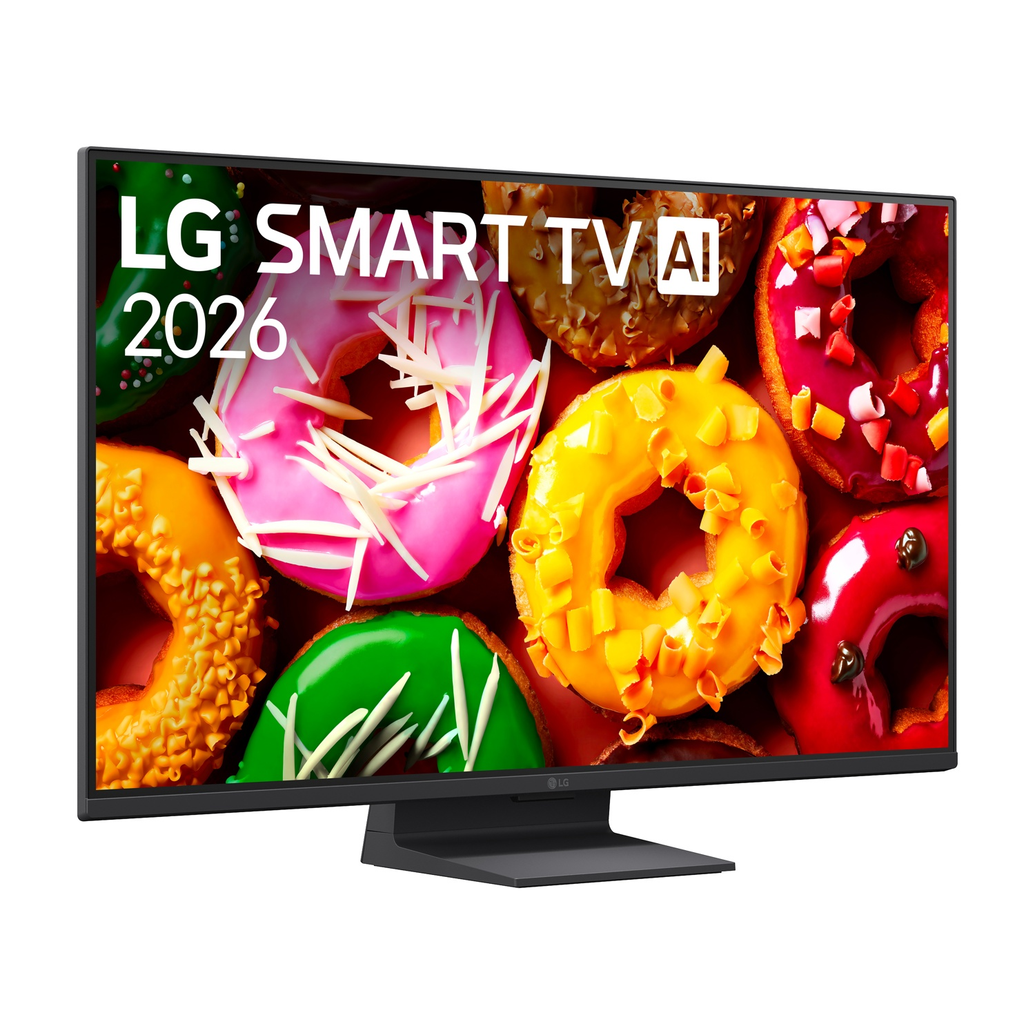 Una Smart TV LG mostra ciambelle colorate con glassa e codette.