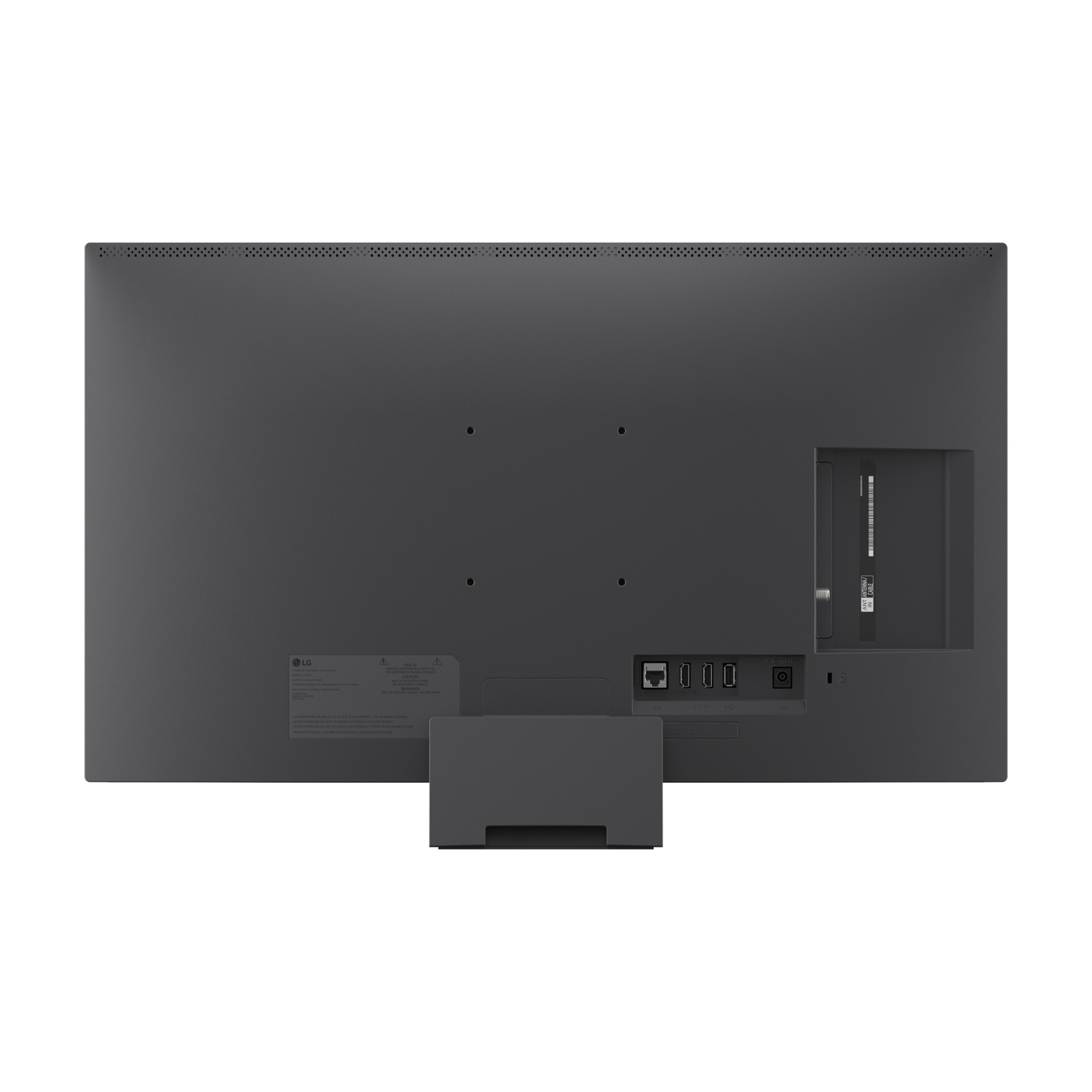 Retro di una TV scura con porte e supporto. Logo LG visibile.