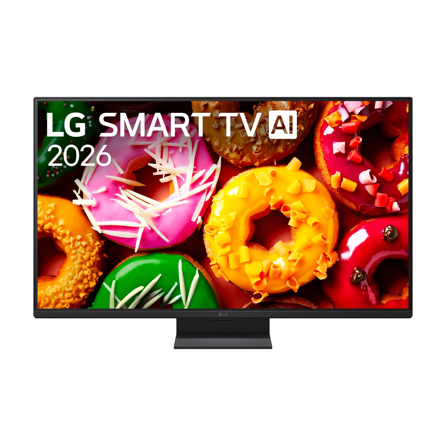 Un LG Smart TV con testo 2026 visualizzato di fronte a ciambelle colorate.