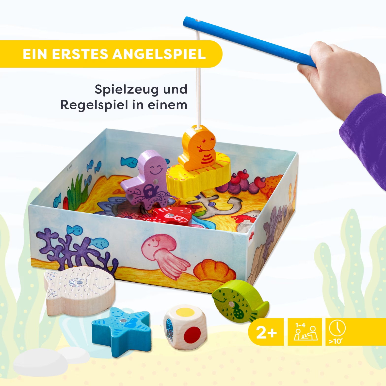 Egy fa horgászjáték víz alatti motívumokkal, 2+ éves kortól ajánlott.