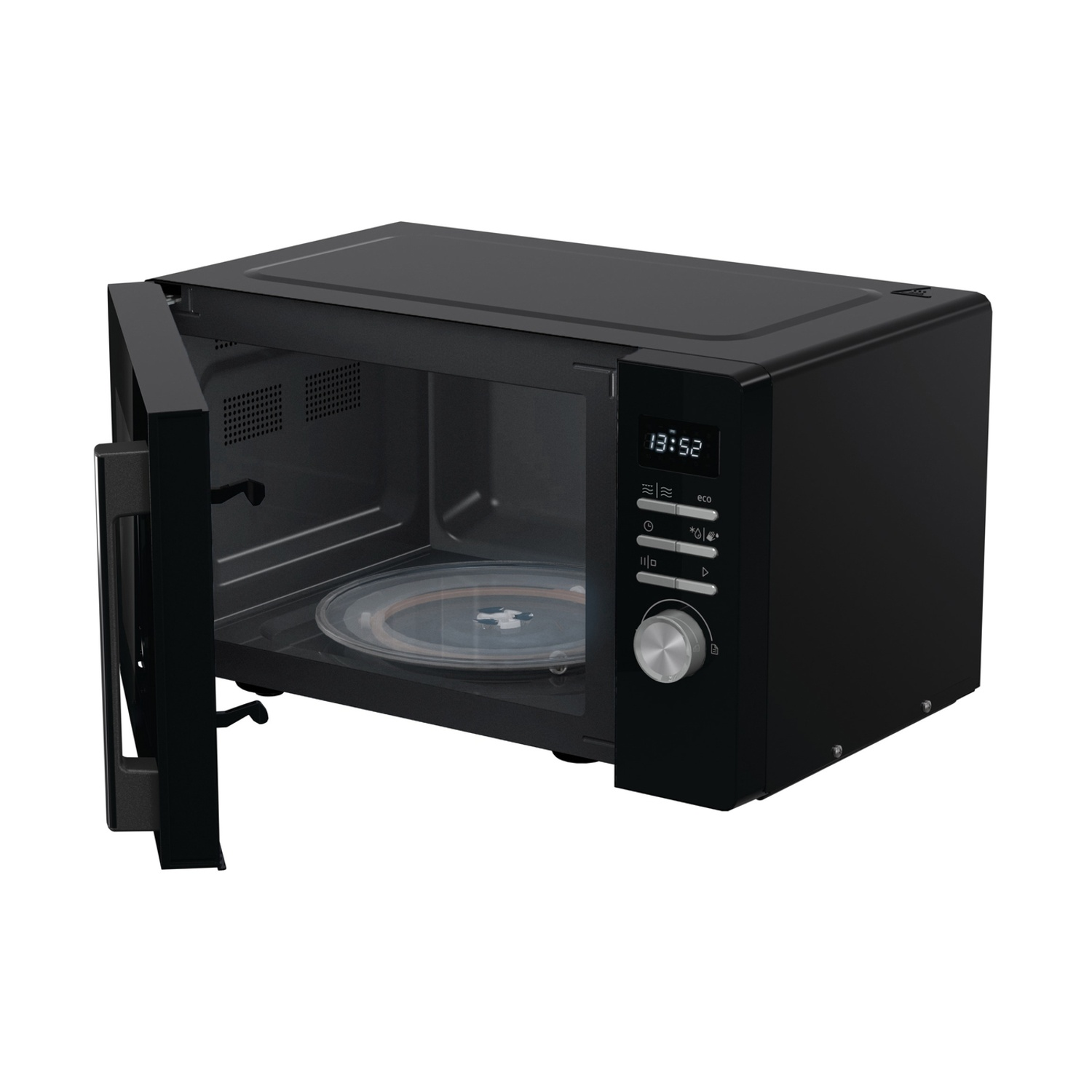 Forno a microonde nero con porta aperta, che mostra piatto girevole in vetro all'interno.