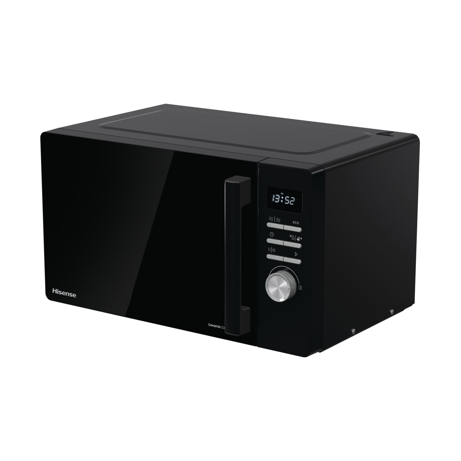 Forno a microonde Hisense nero con manopola argentata e display digitale.
