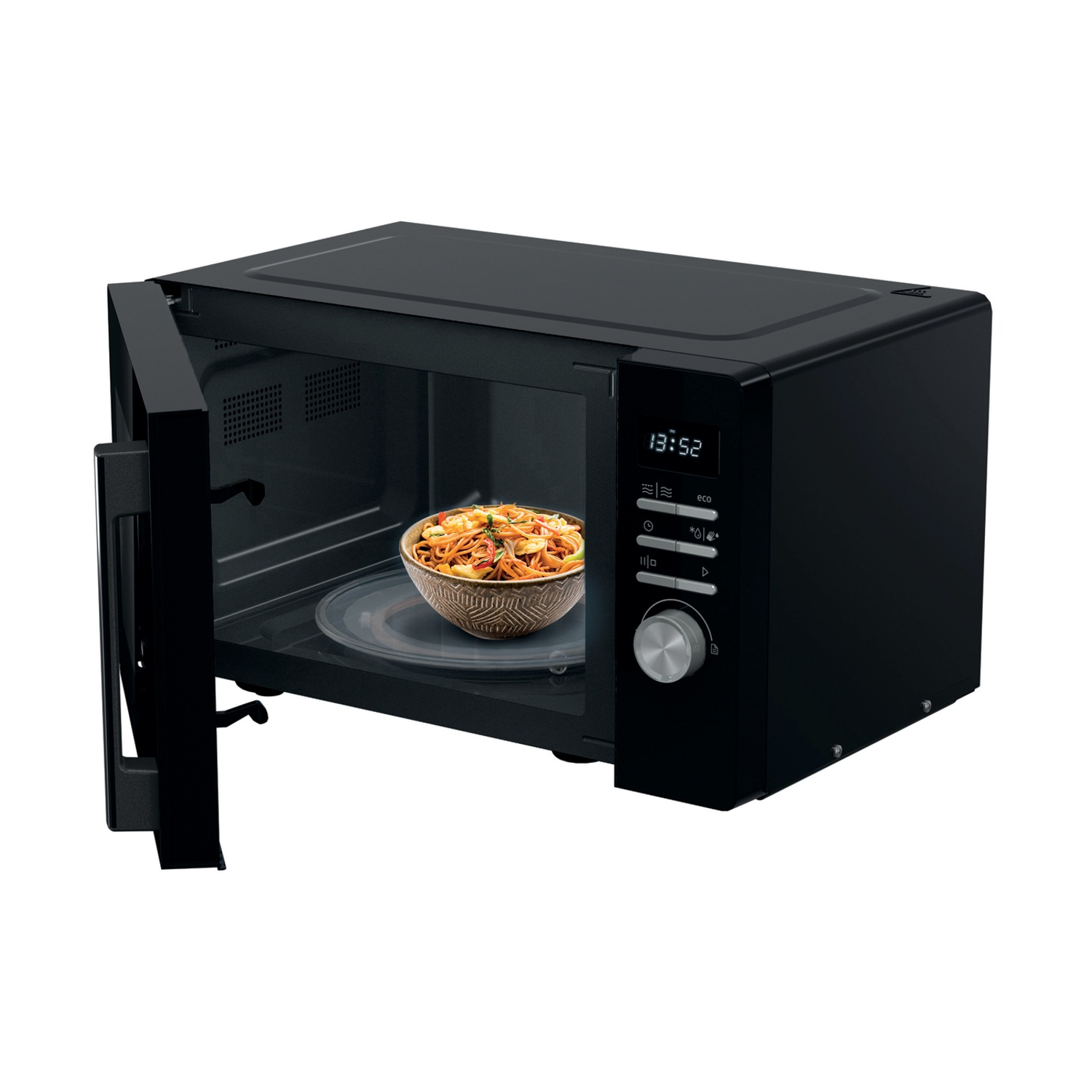 Forno a microonde nero con porta aperta, contenente una ciotola di noodles.