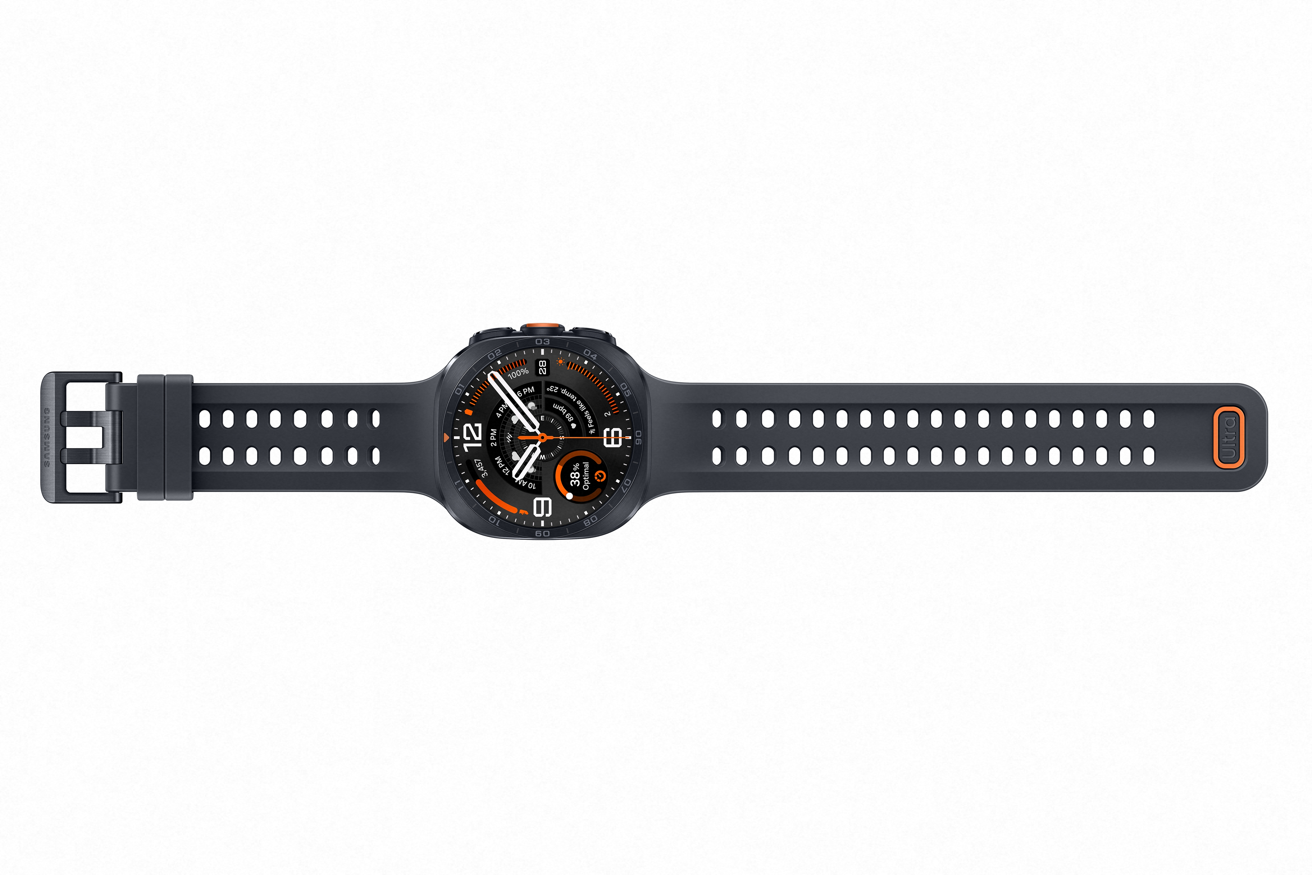 Dunkelgraue Smartwatch mit orangefarbenen Akzenten auf dem Display und Armband.