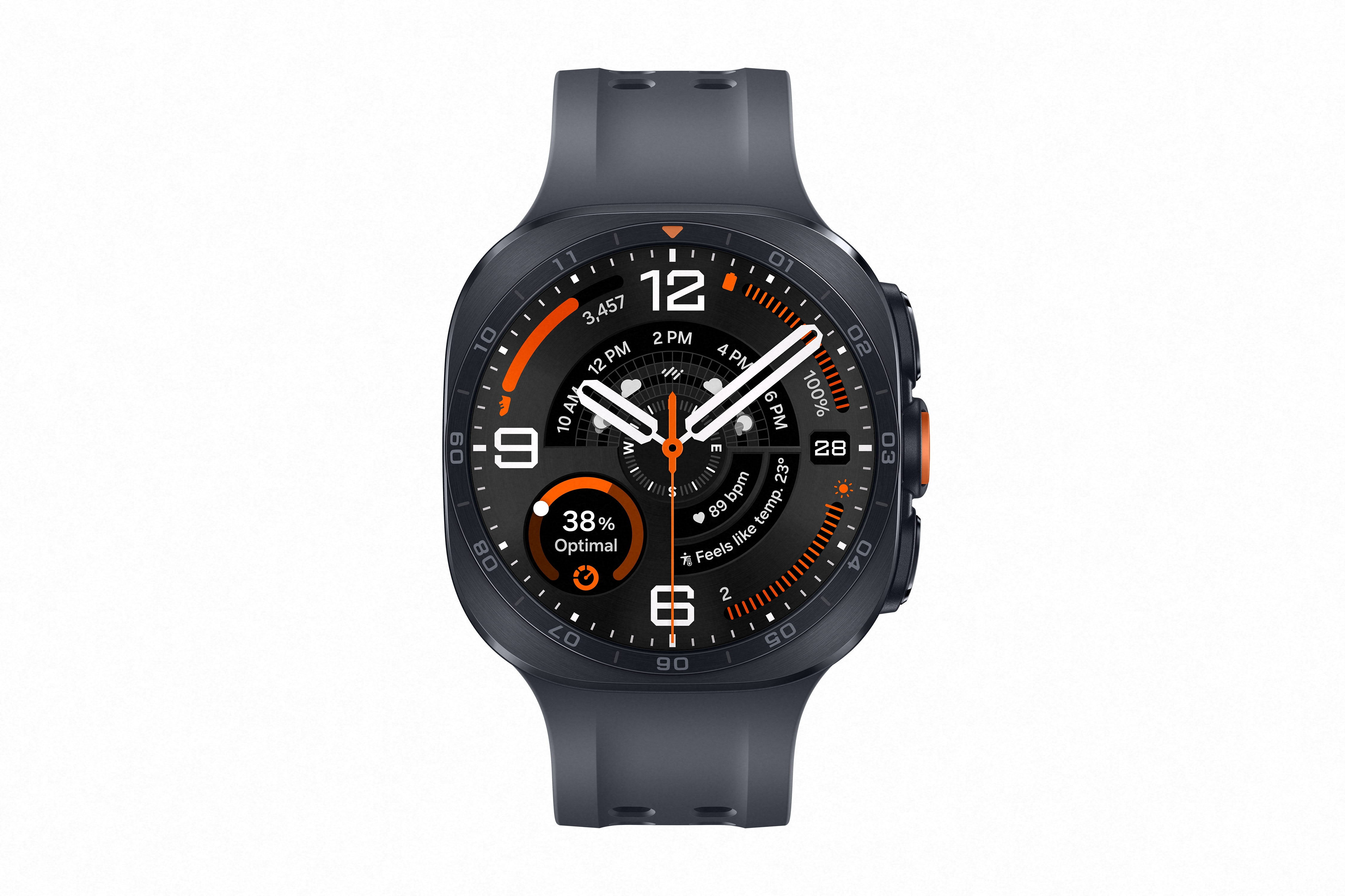 Eine dunkle Smartwatch mit schwarzem Zifferblatt und orangefarbenen Akzenten.
