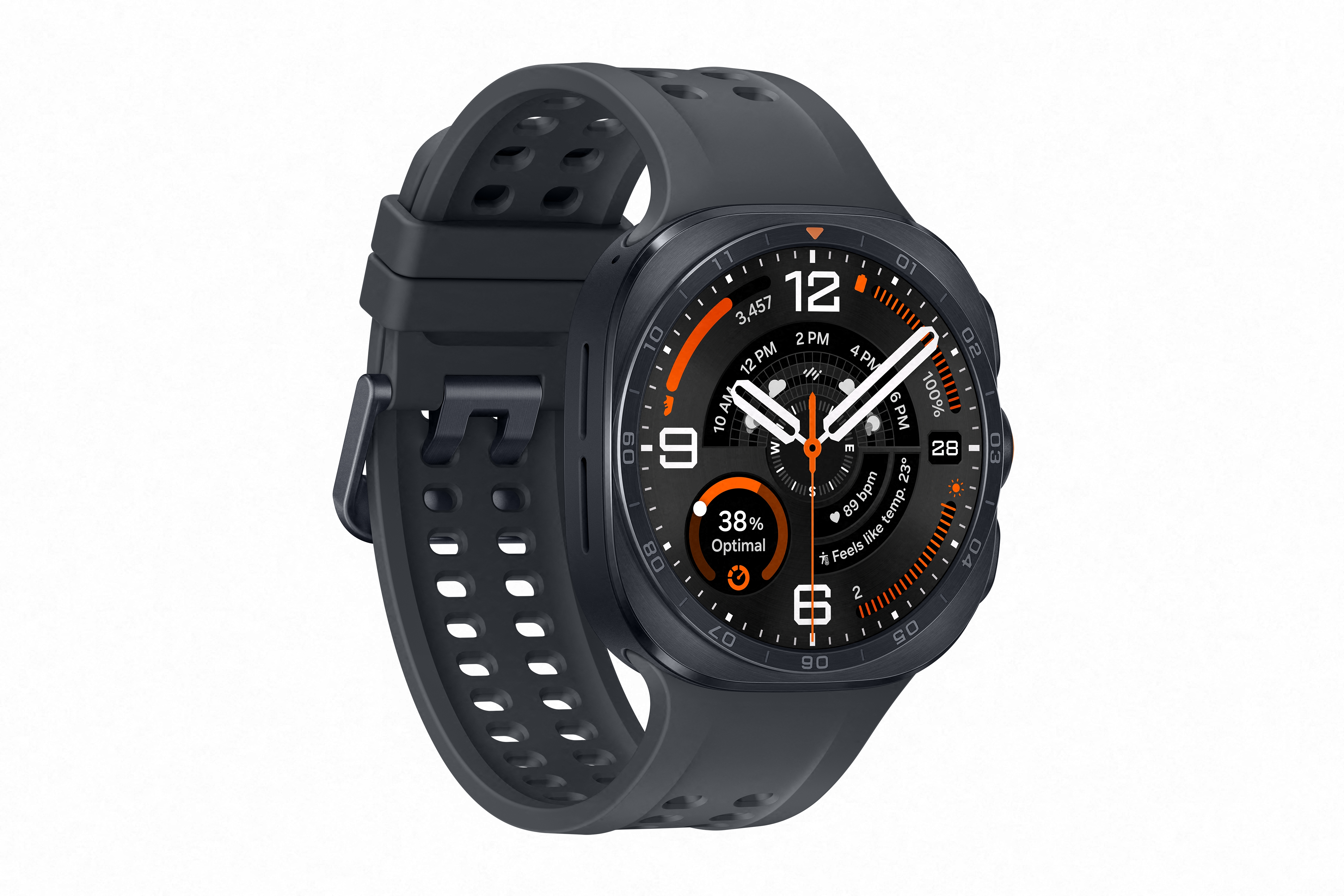 Dunkelgraue Smartwatch mit schwarzem Armband. Zeigt 12 Uhr, 38% Optimal, 89 bpm, 23°C an.