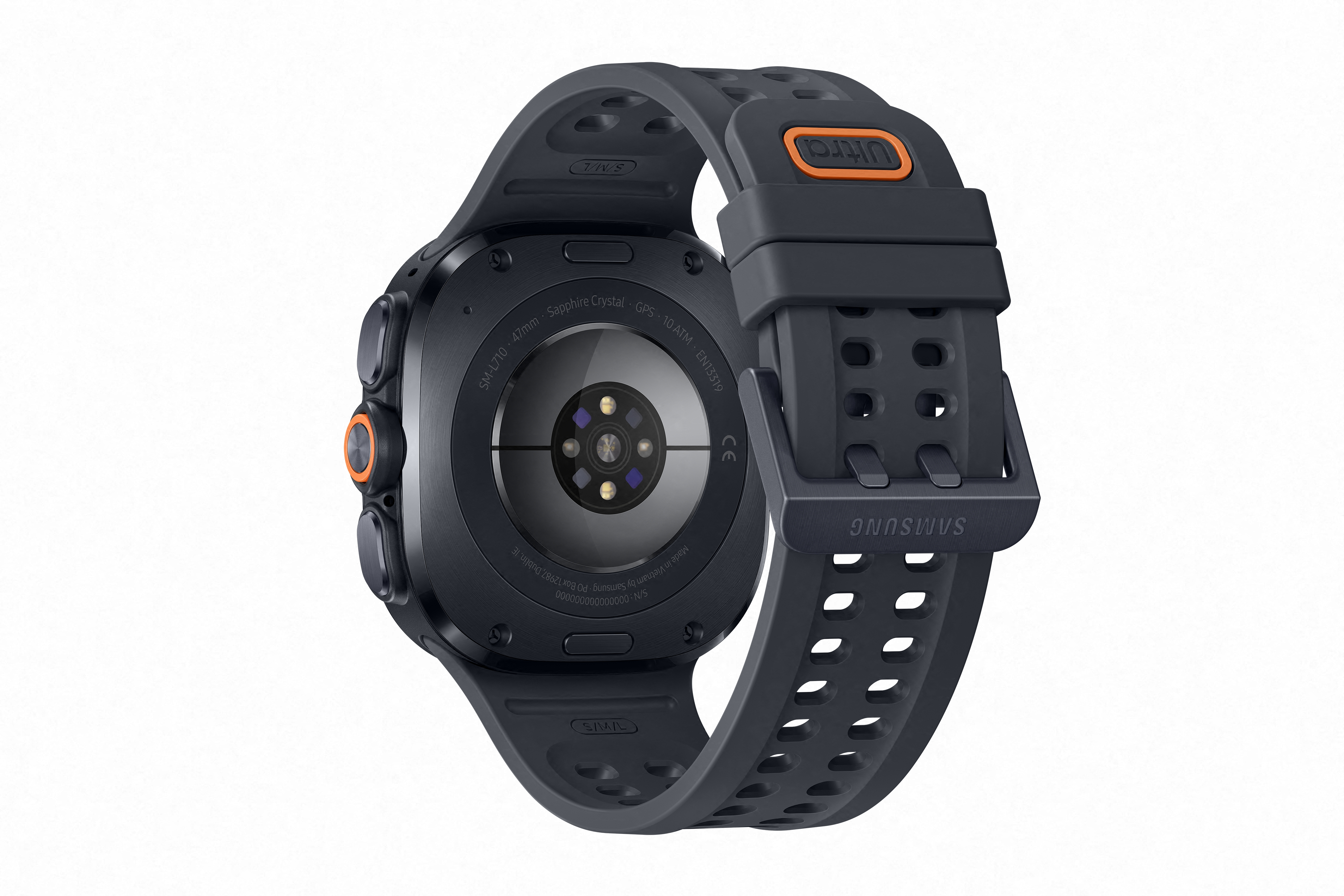 Dunkelgraue Smartwatch mit orangefarbenem „Ultra“-Detail und Herzfrequenzsensor.