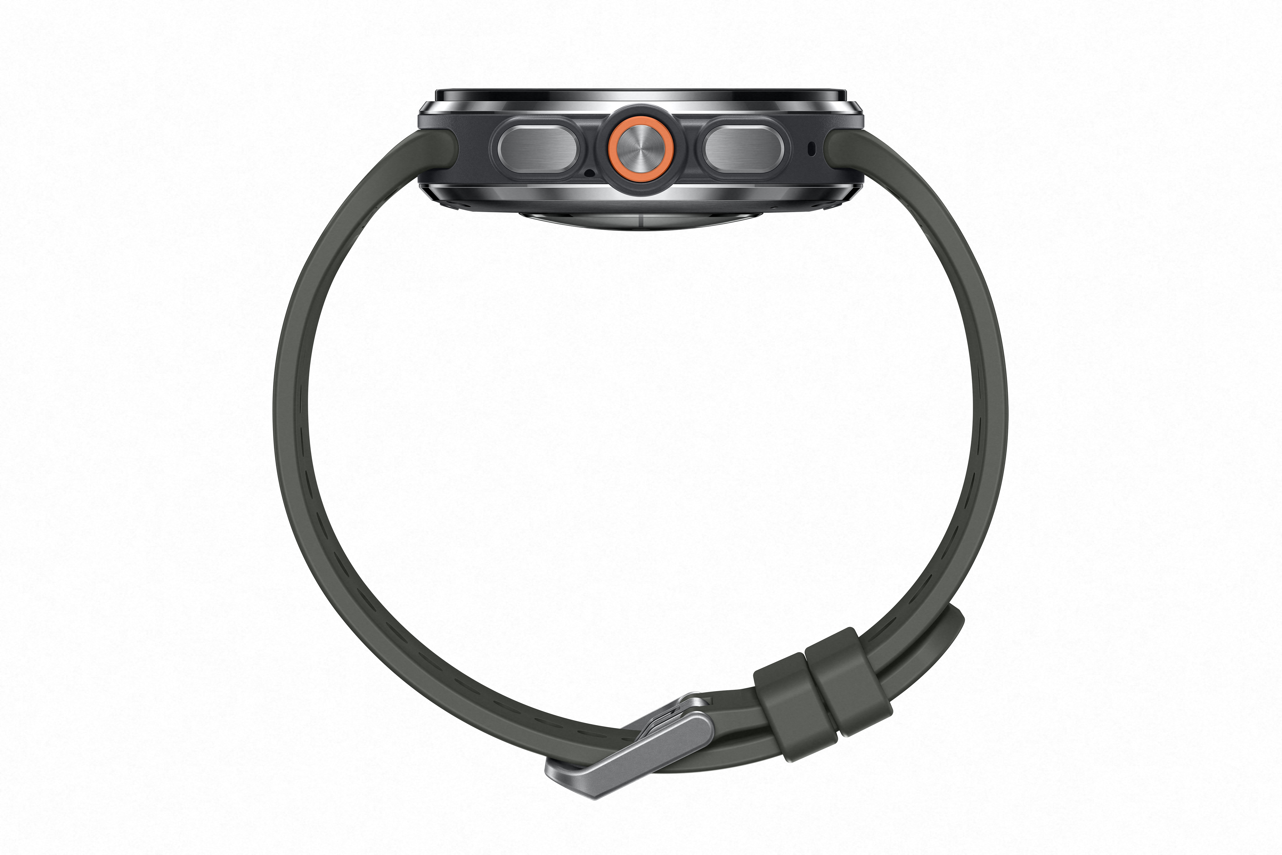 Graue Smartwatch mit orangefarbenem Knopf und silbernem Armbandverschluss.
