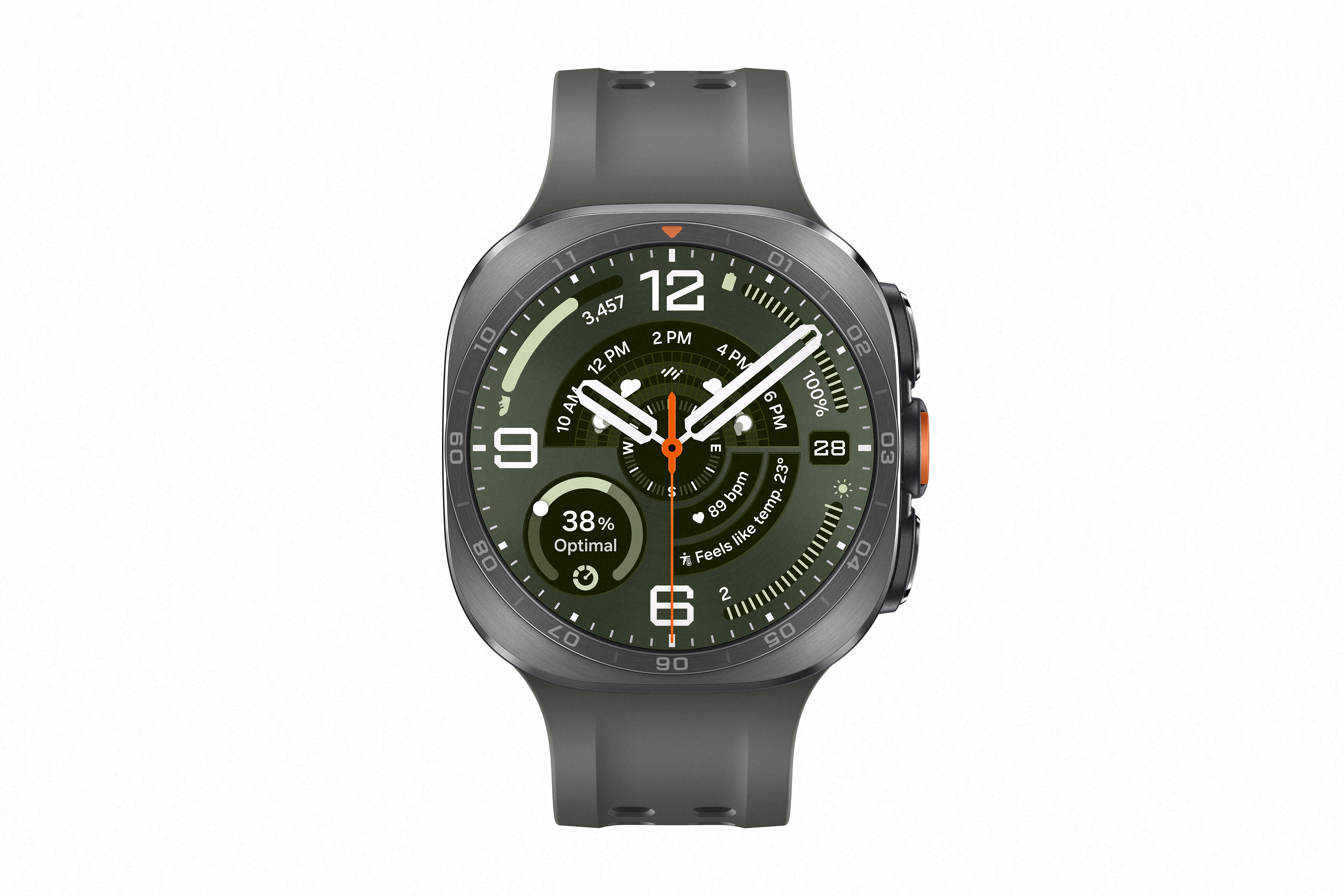 Eine graue Smartwatch mit grünem Zifferblatt zeigt 38% Akku, 89 bpm, 23°C.