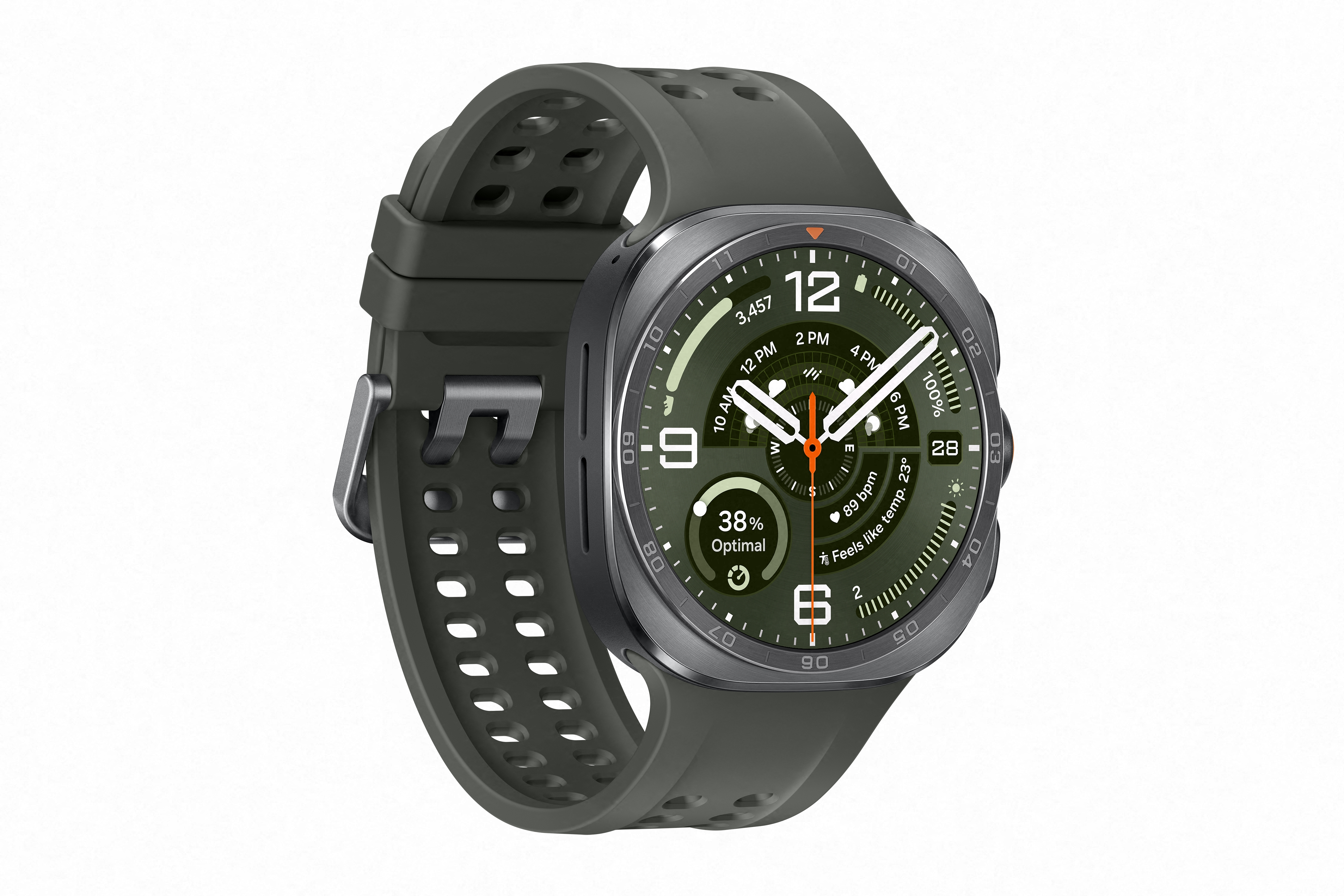 Eine graugrüne Smartwatch mit einem Zifferblatt, das Uhrzeit, Schritte, Herzfrequenz und Temperatur anzeigt.