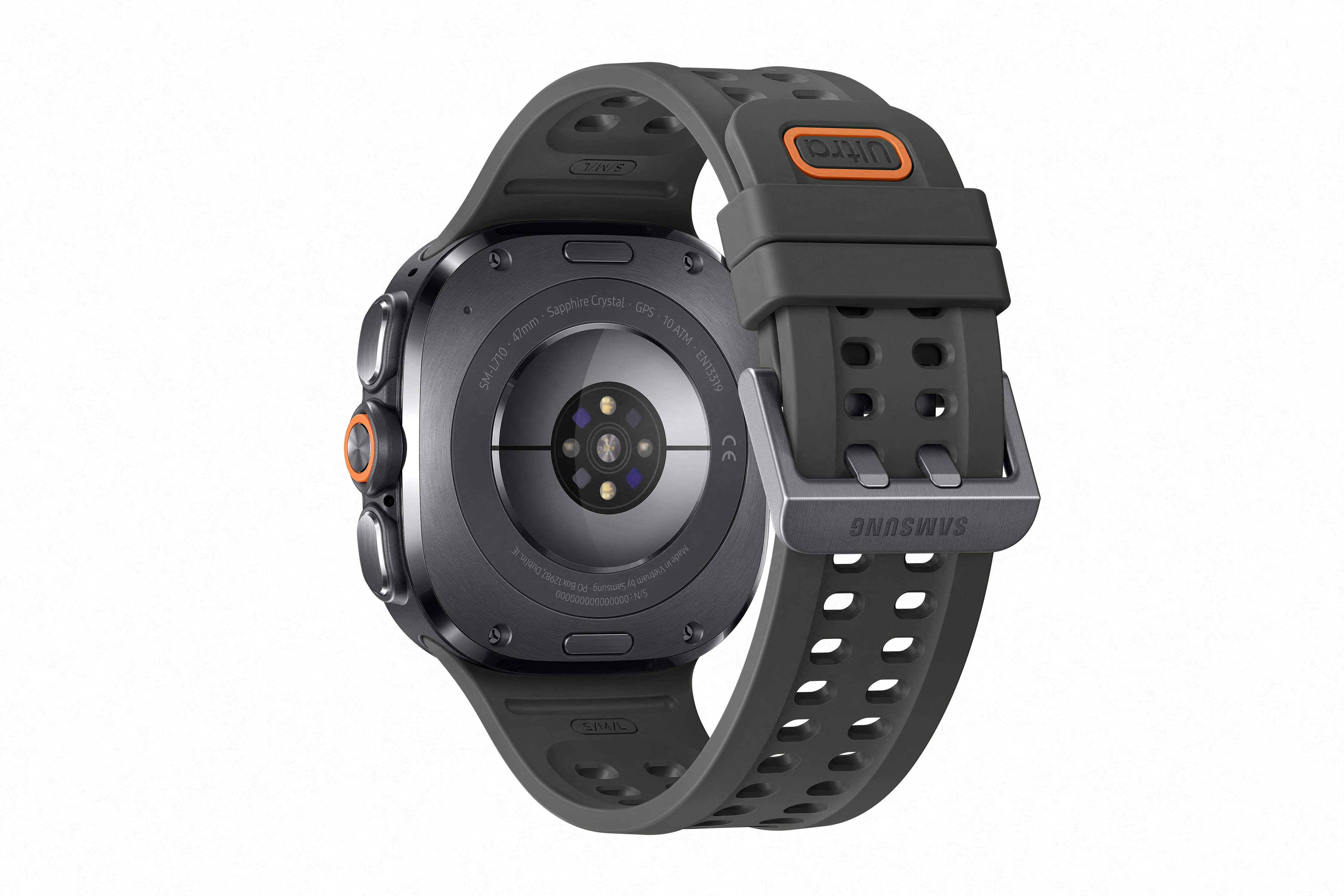 Rückseite einer dunkelgrünen Smartwatch mit silbernen Knöpfen und orangefarbenen Akzenten.