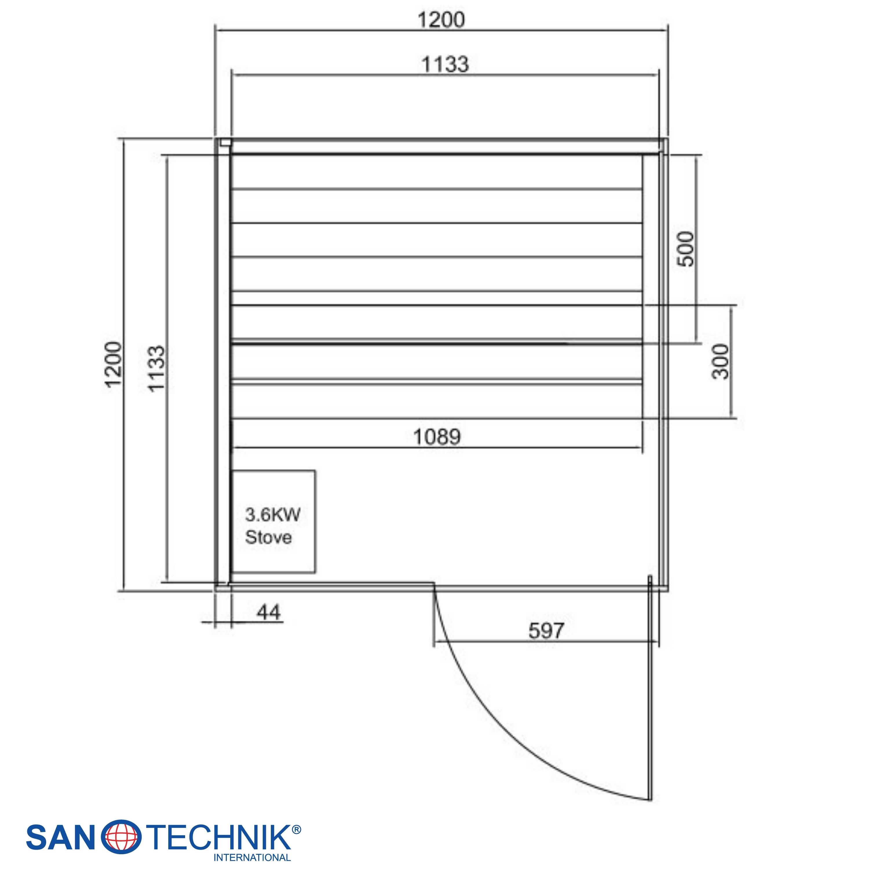 Grundriss einer Sauna mit Maßen und einem 3,6-kW-Ofen.