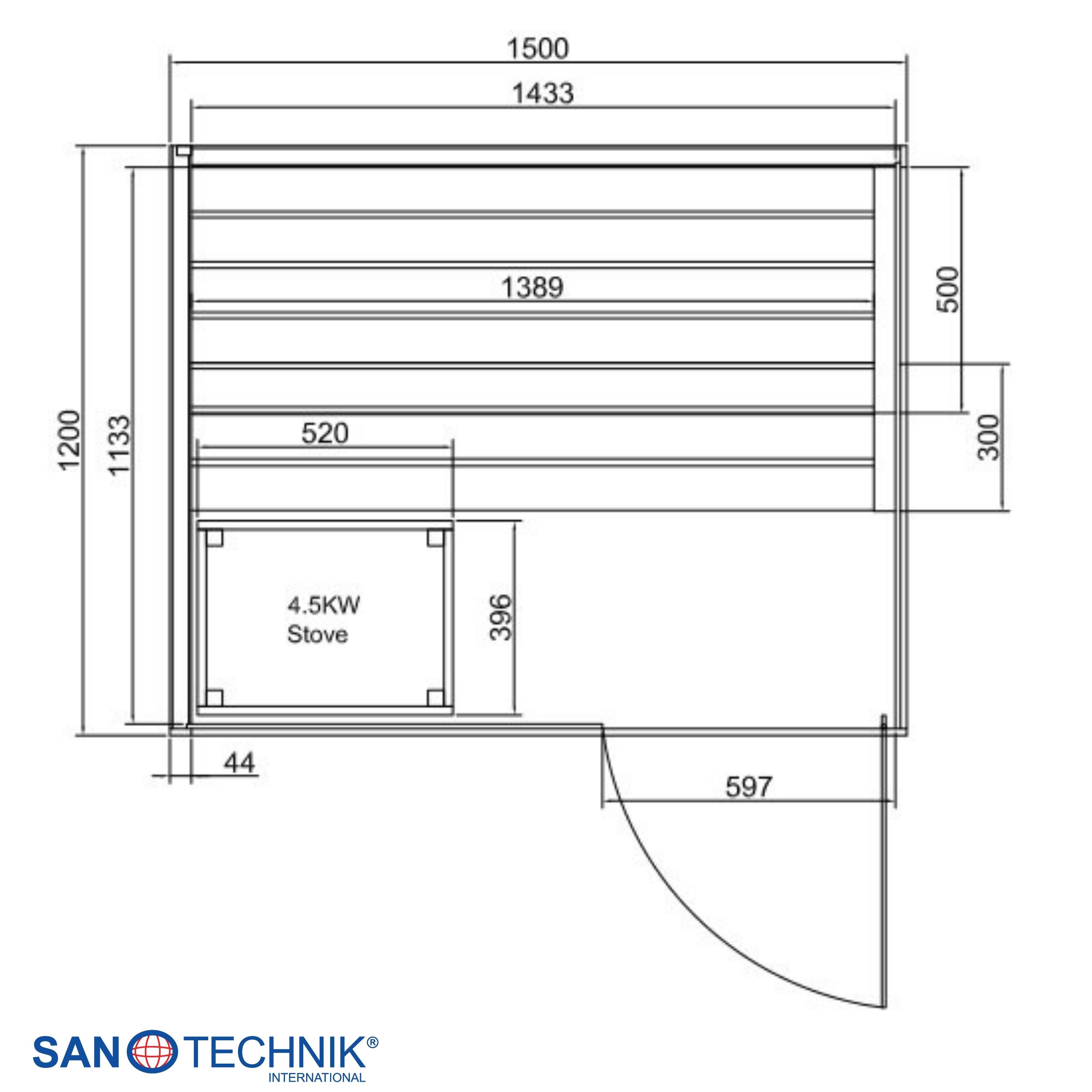 Grundriss einer Sauna mit Maßen, einem 4,5-kW-Ofen und einer Tür.