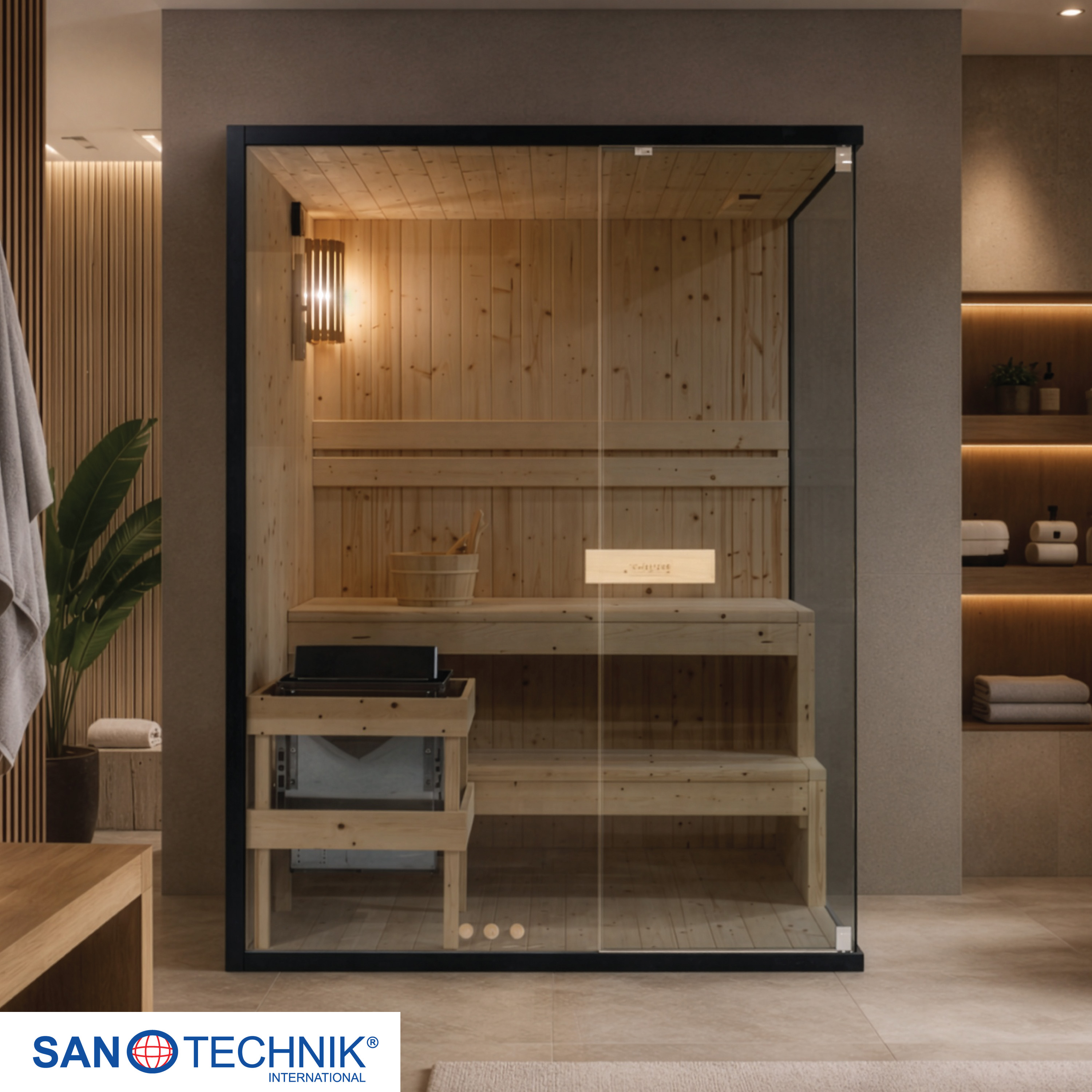 Moderne Holzsauna mit Glastür, Bänken und Ofen.
