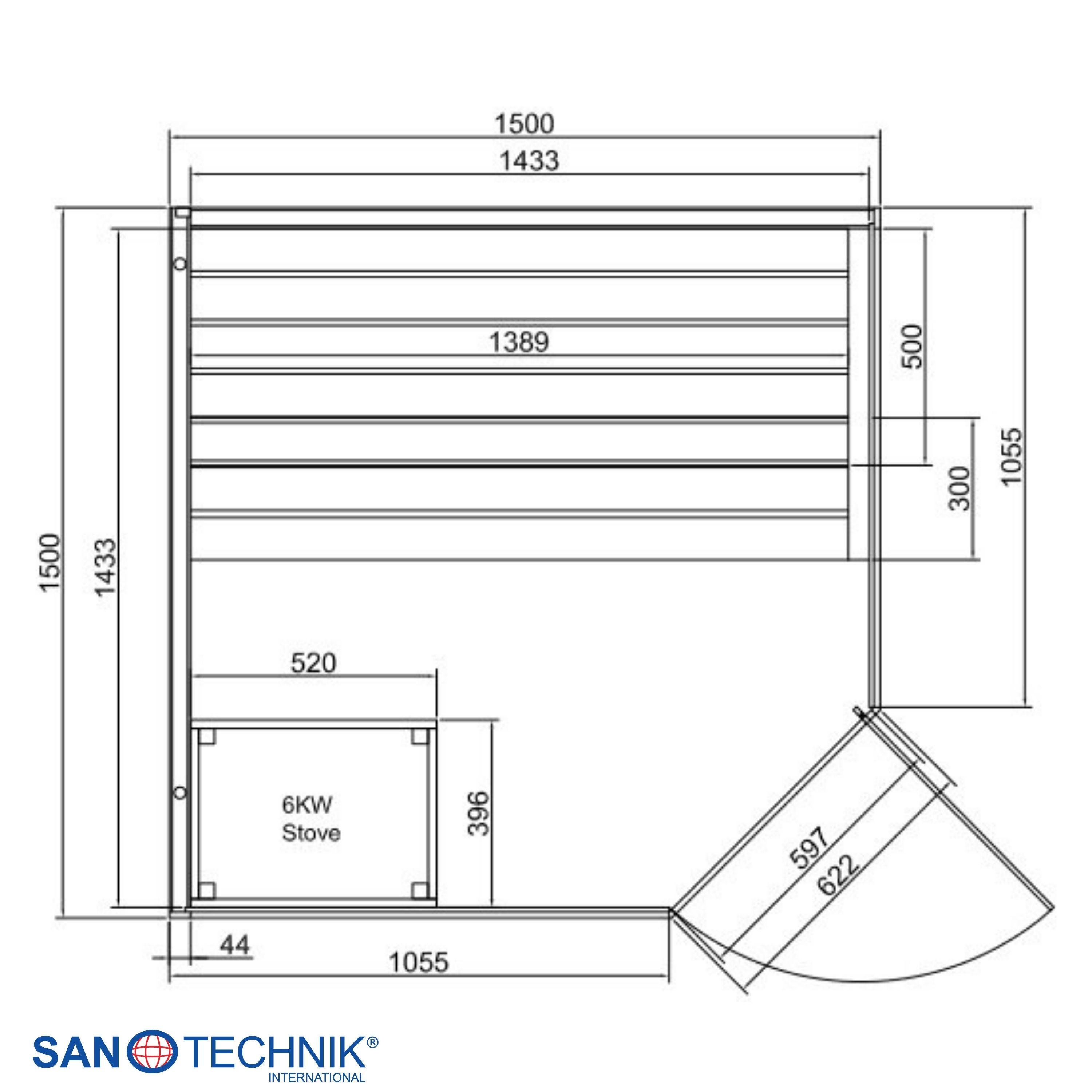 Technische Zeichnung einer Sauna mit Maßen und einem 6KW Ofen.