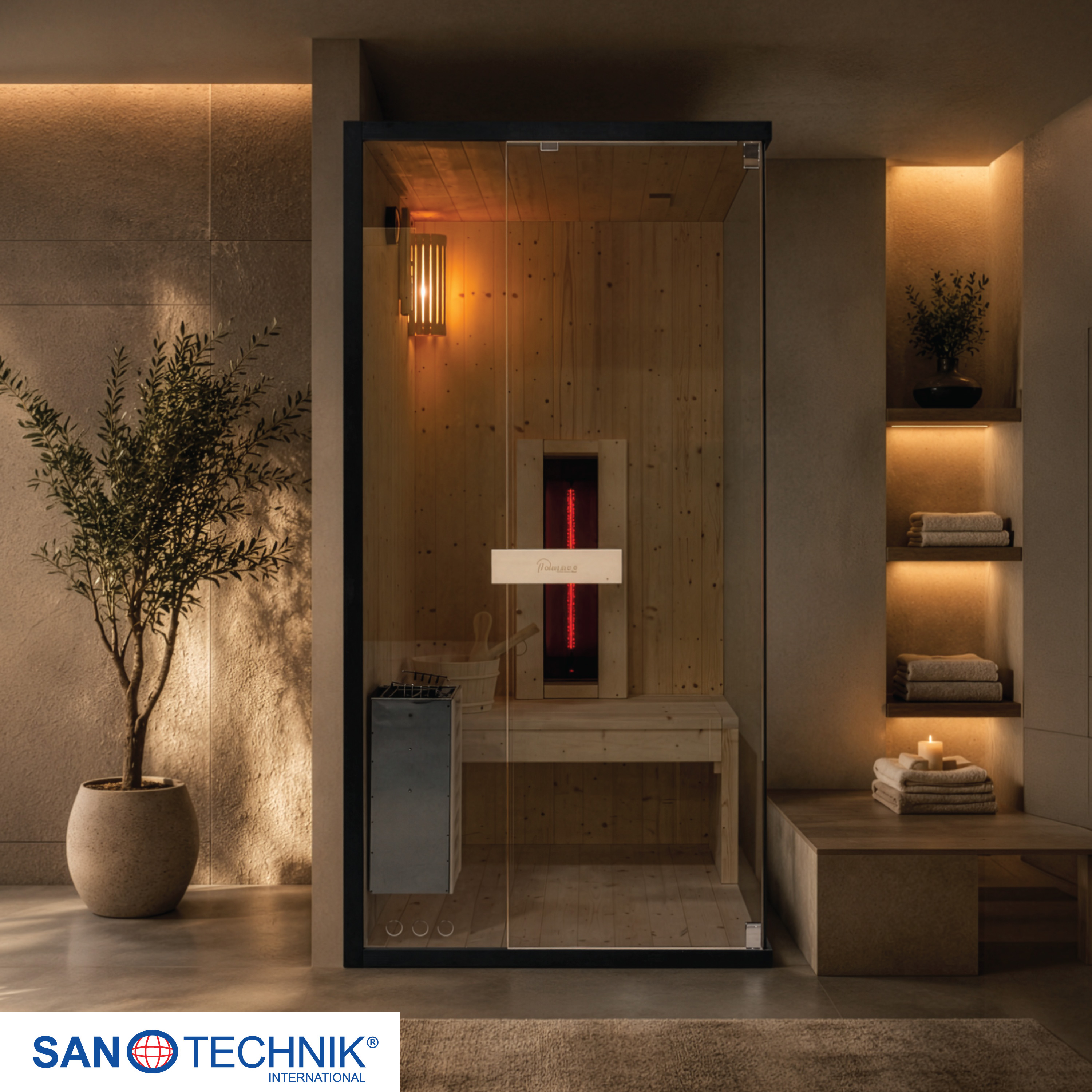 Eine moderne Sauna mit Holzwänden, Glastür, Beleuchtung und Pflanze.
