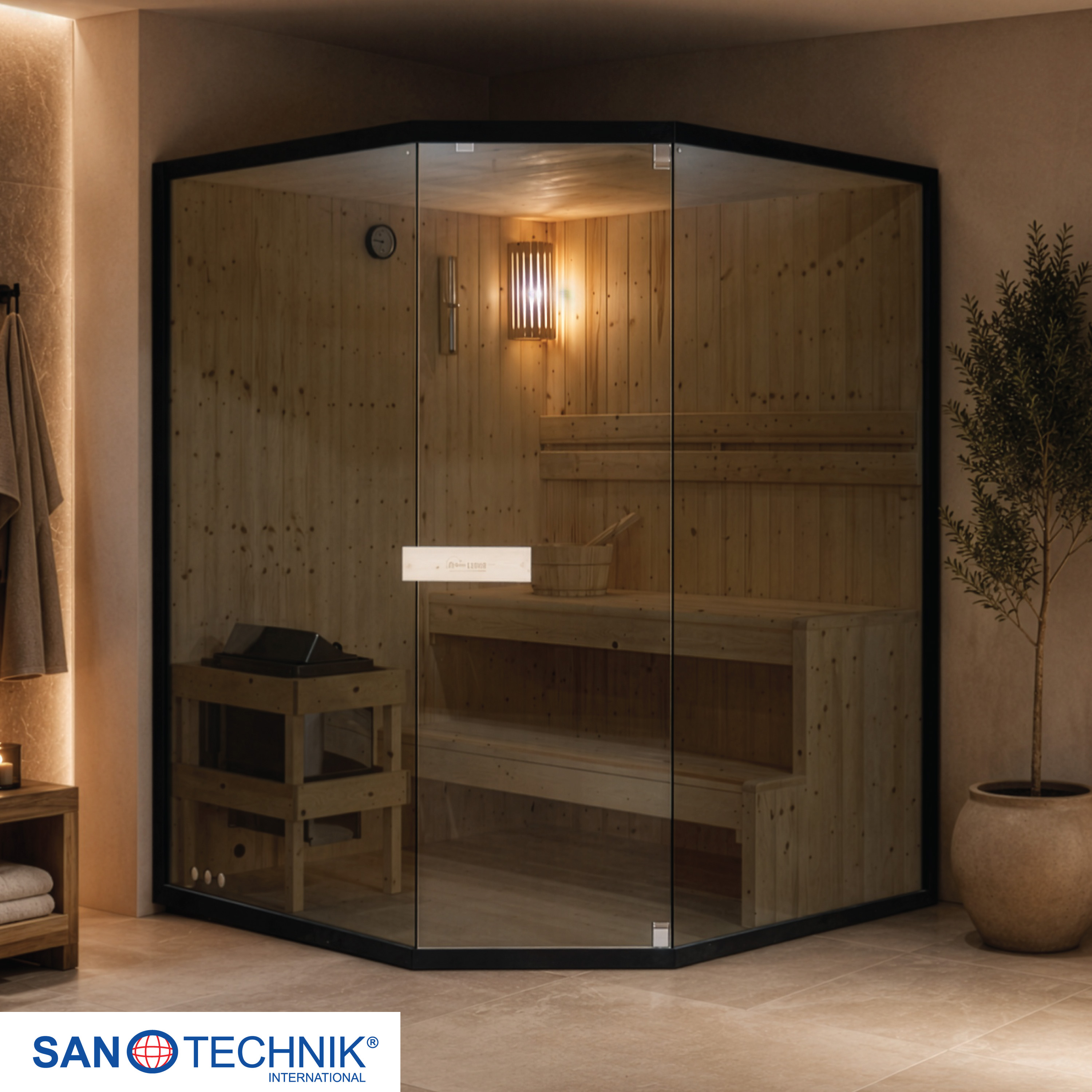 Eine Ecksauna aus Holz und Glas mit Bänken, einem Ofen und einem Eimer.